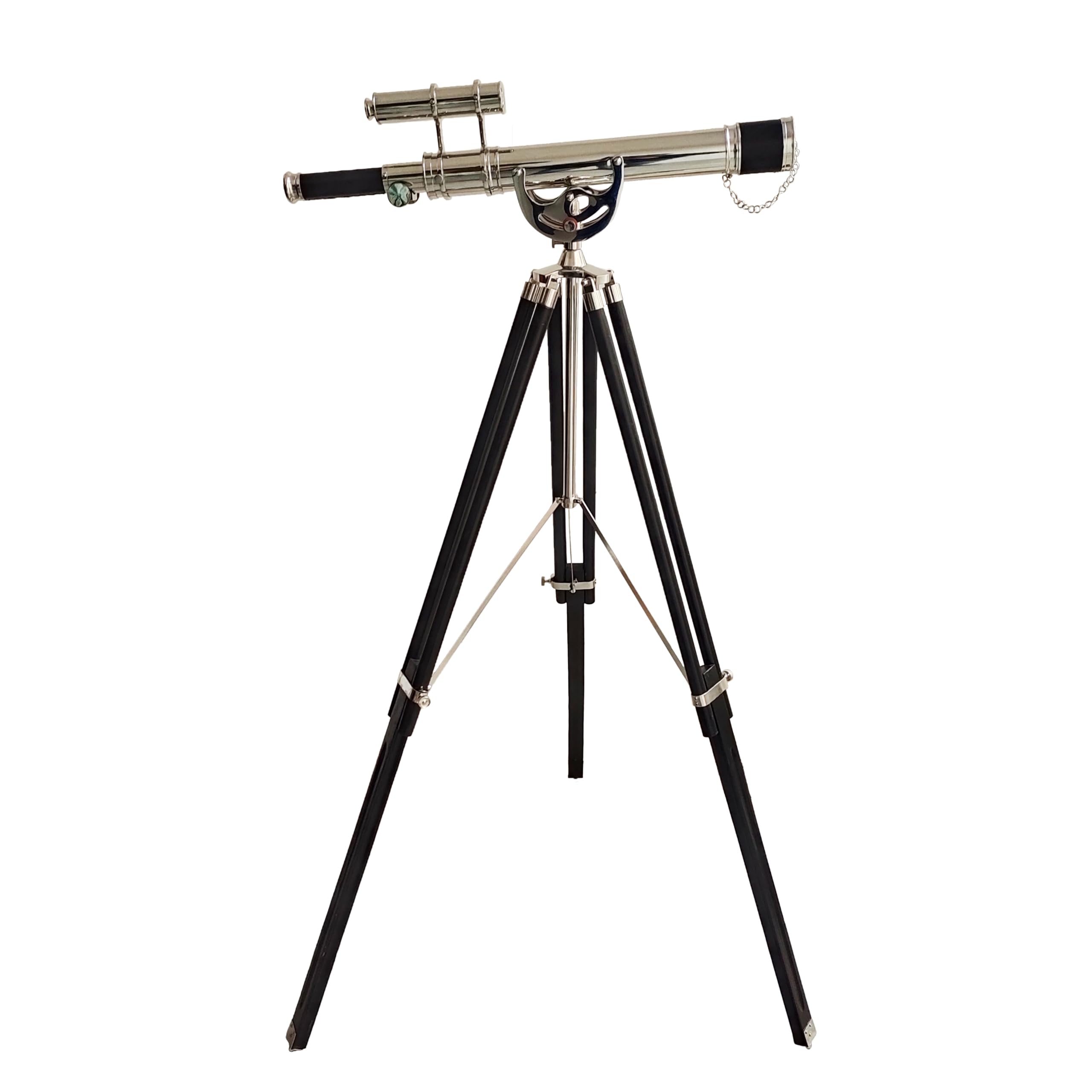 Vintage Nautical Double Barrel Telescope with Chrome Finish & Antique Black Leather - Wooden Tripod Floor Standing High Magnification Telescope for Home Decor, Marine Enthusiasts | Perfect for Coastal Decor, Sailor-Themed Rooms & Nautical Gift Ideas - Navirock