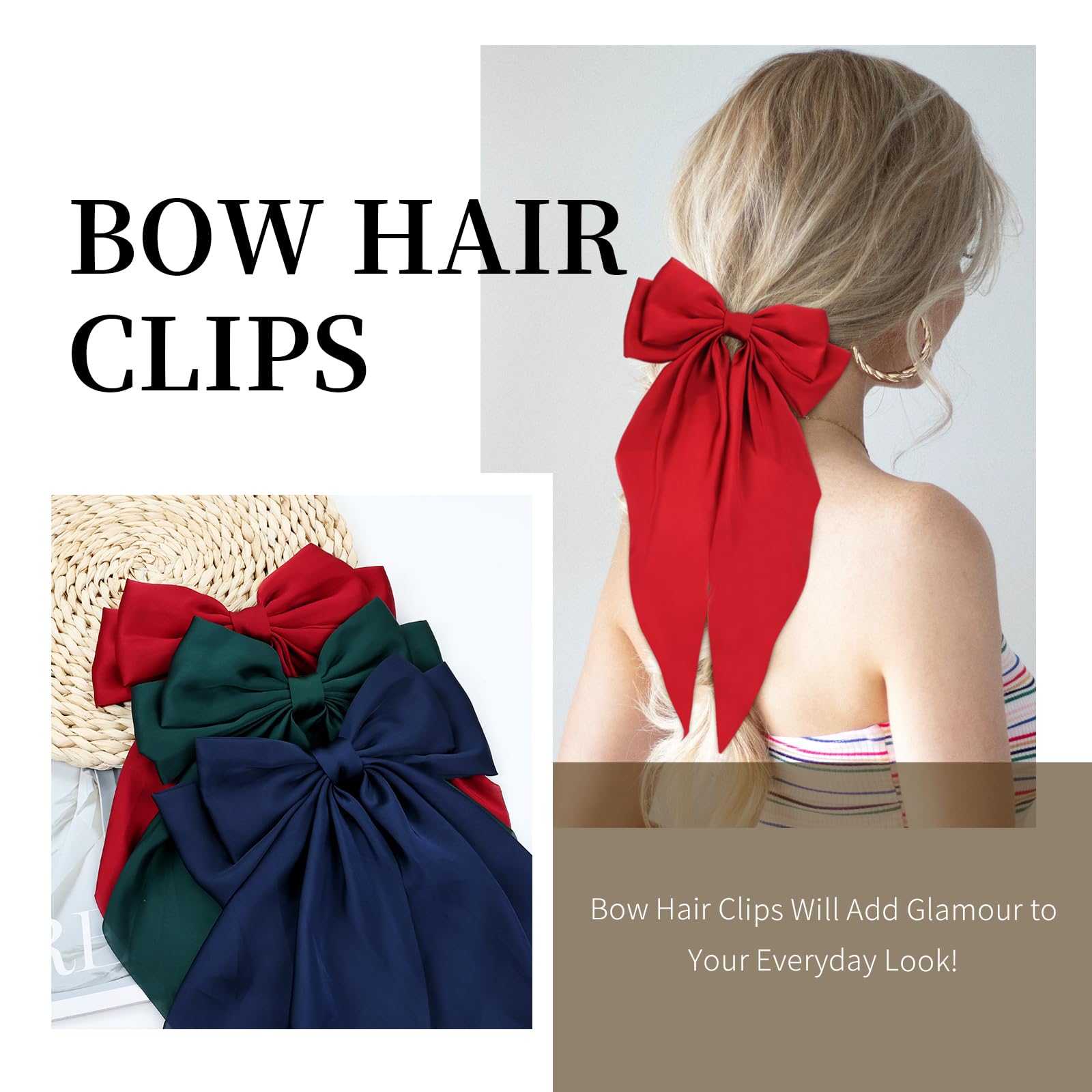 Cinaci 8-Piece Satin Hair Bows for Women & Girls - Elegant Long Tail Bow Clips & French Barrettes Hair Accessories | Perfect for Parties, Weddings, School & Daily Fashion