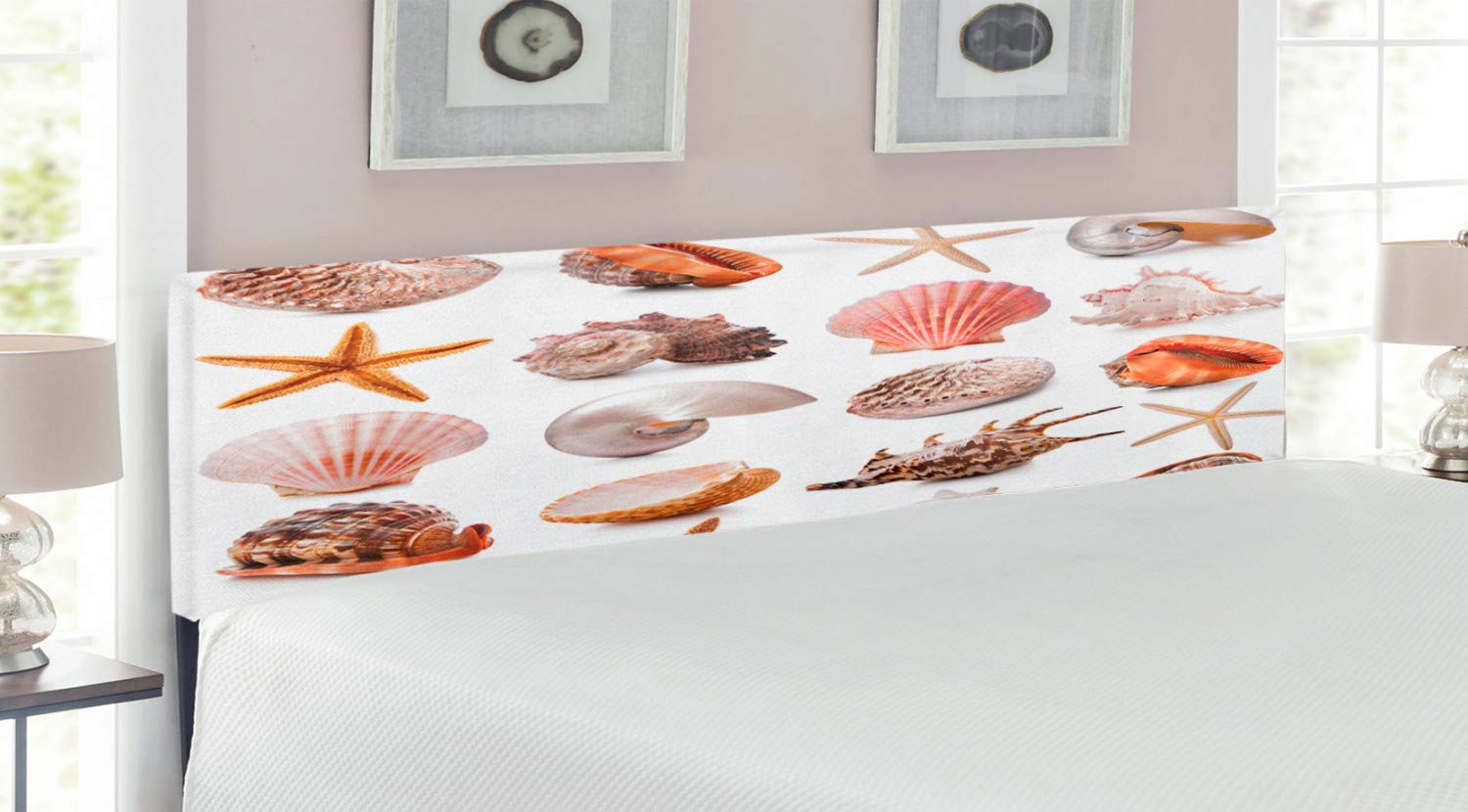 Ambesonne Seashells Upholstered Headboard - King Size Decorative Metal Bed Frame with Memory Foam, Nautical Scallop & Nautilus Shell Design for Beach House Bedroom Decor | Perfect for Coastal, Summer & Marine Theme Bedrooms