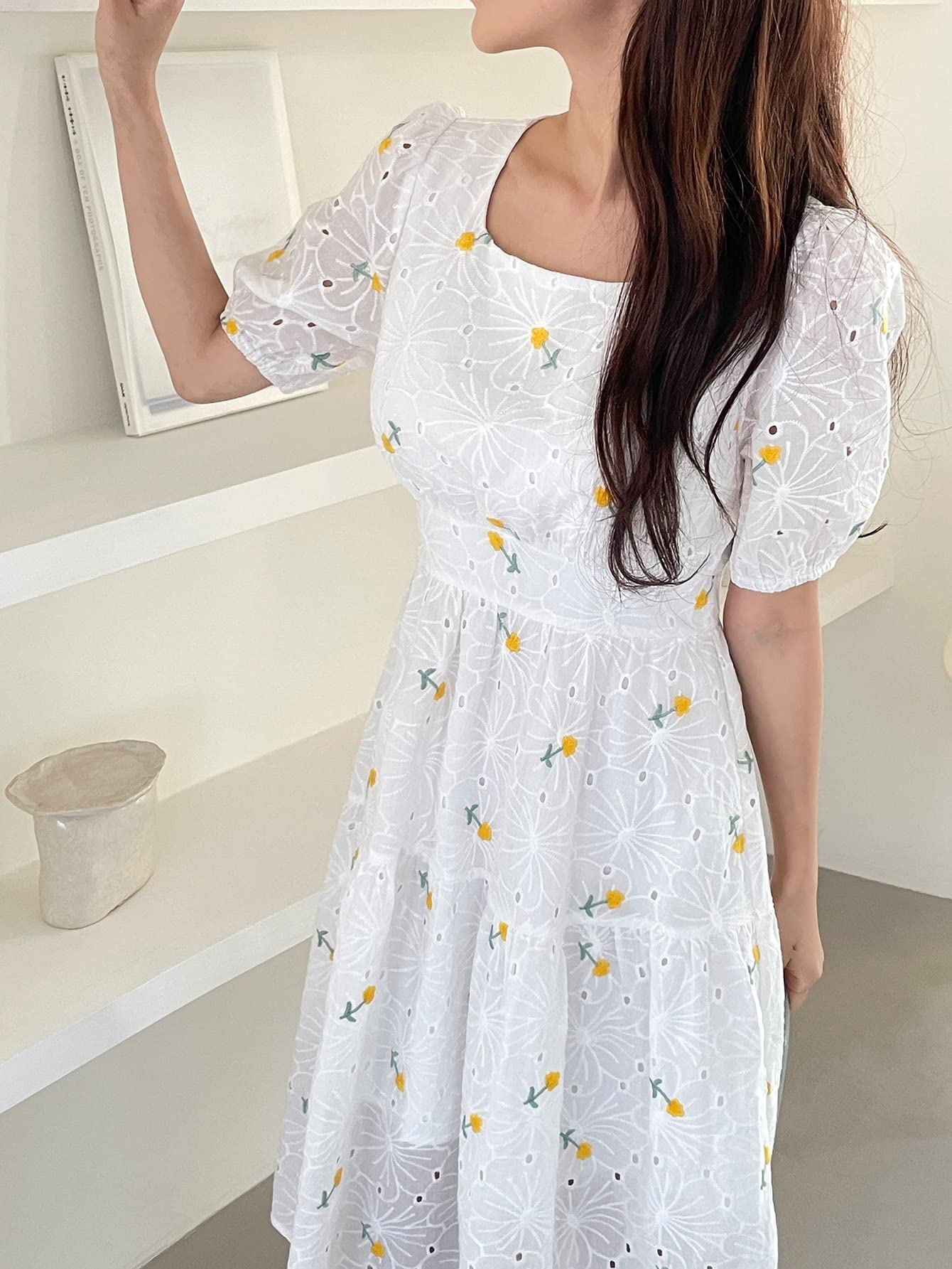 Floral Embroidery Puff Sleeve A-Line Dress for Women - X-Large Size | Elegant Summer Dress for Parties, Weddings & Casual Outings