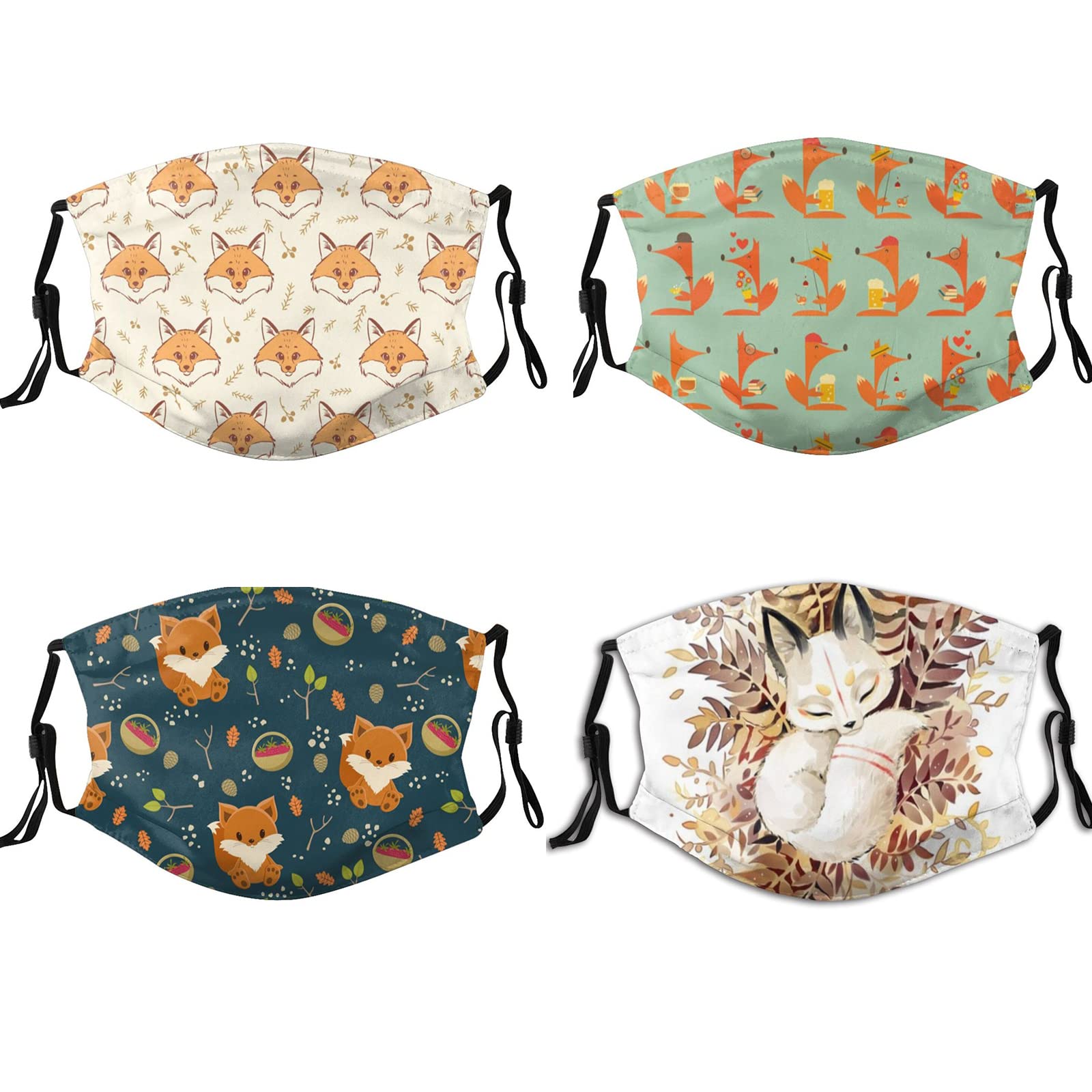 Funny Fox Face Mask 4pcs - Washable & Adjustable with Filter Pocket for Adults - Perfect for Outdoor Activities