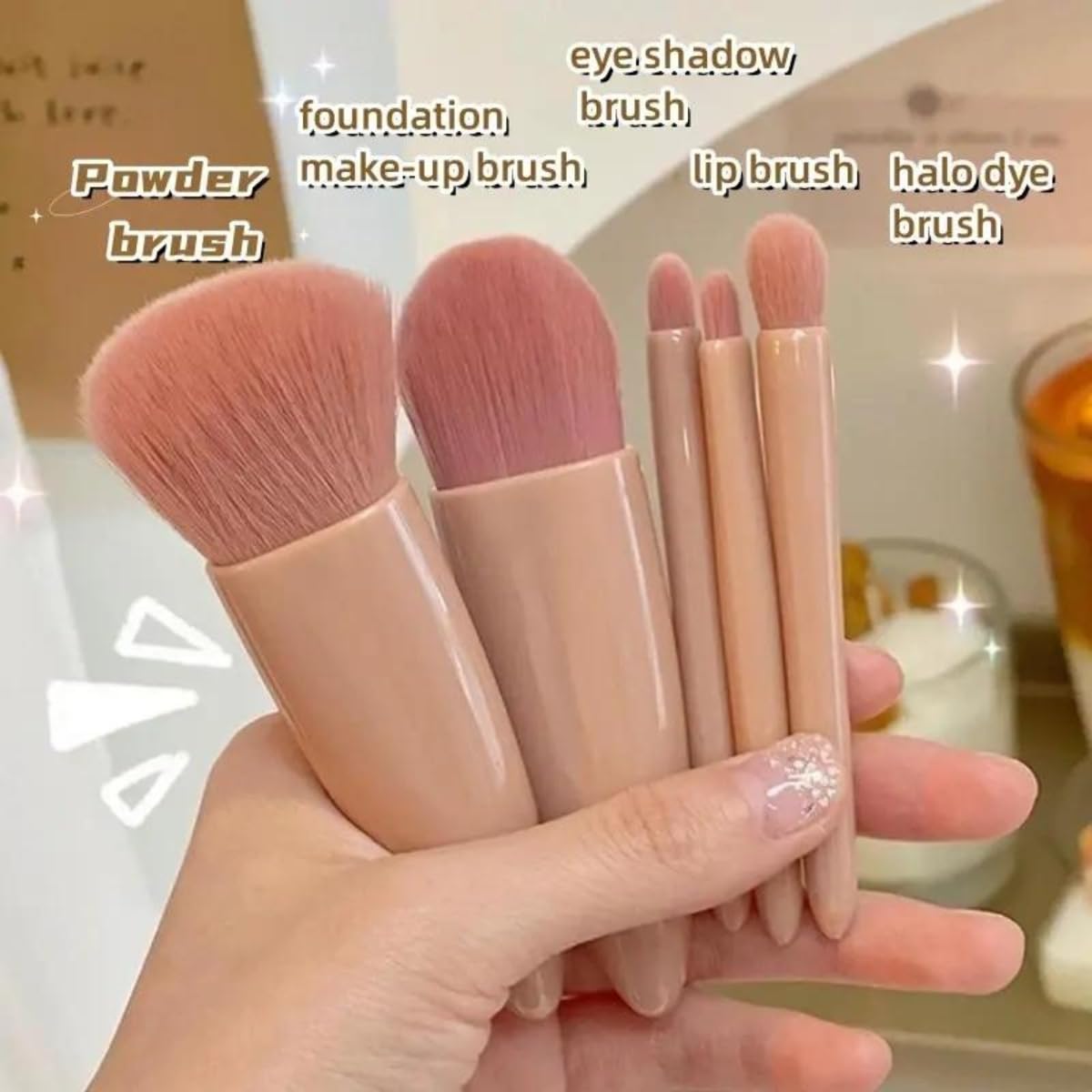 Cavernshop Professional 5-in-1 Mini Makeup Brush Set with Mirror - Face, Eyeshadow, Powder & Blush Cosmetic Kit | Travel-Friendly Makeup Brushes for Women & Girls | Perfect for On-the-Go Touchups & Professional Makeup Application