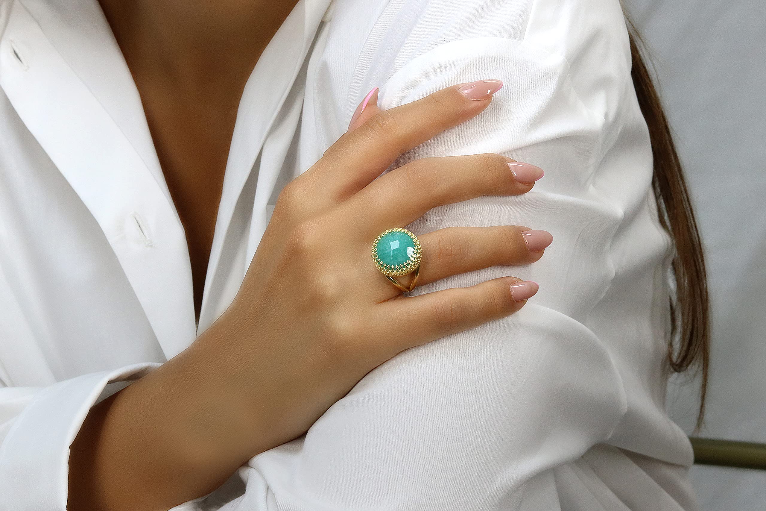 16mm Round Amazonite Ring in 14k Gold - Handmade Artisan Jewelry for Women - Elegant Statement Ring for Everyday Wear, Special Occasions & Gift Giving