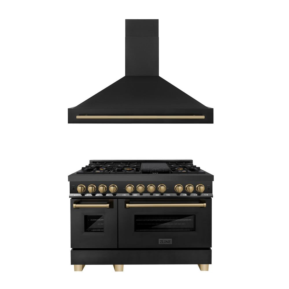 ZLINE Autograph Edition 48-inch Black Stainless Steel Dual Fuel Range & Range Hood with Champagne Bronze Accents - 2AKP RABRH48 CB | Professional Kitchen Package for Home Chefs & Cooking Enthusiasts | Perfect for Modern Kitchens & Gourmet Cooking
