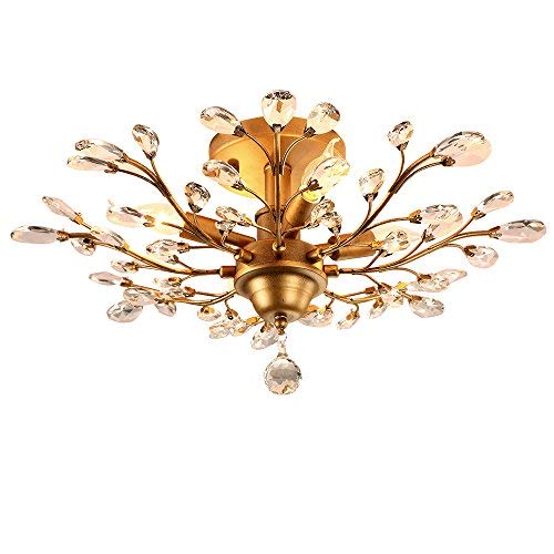 Vintage Crystal Branch Chandelier - 4-Light Flush Mount Ceiling Fixture with Tree Leaves Design for Dining Room, Bedroom & Living Room Lighting