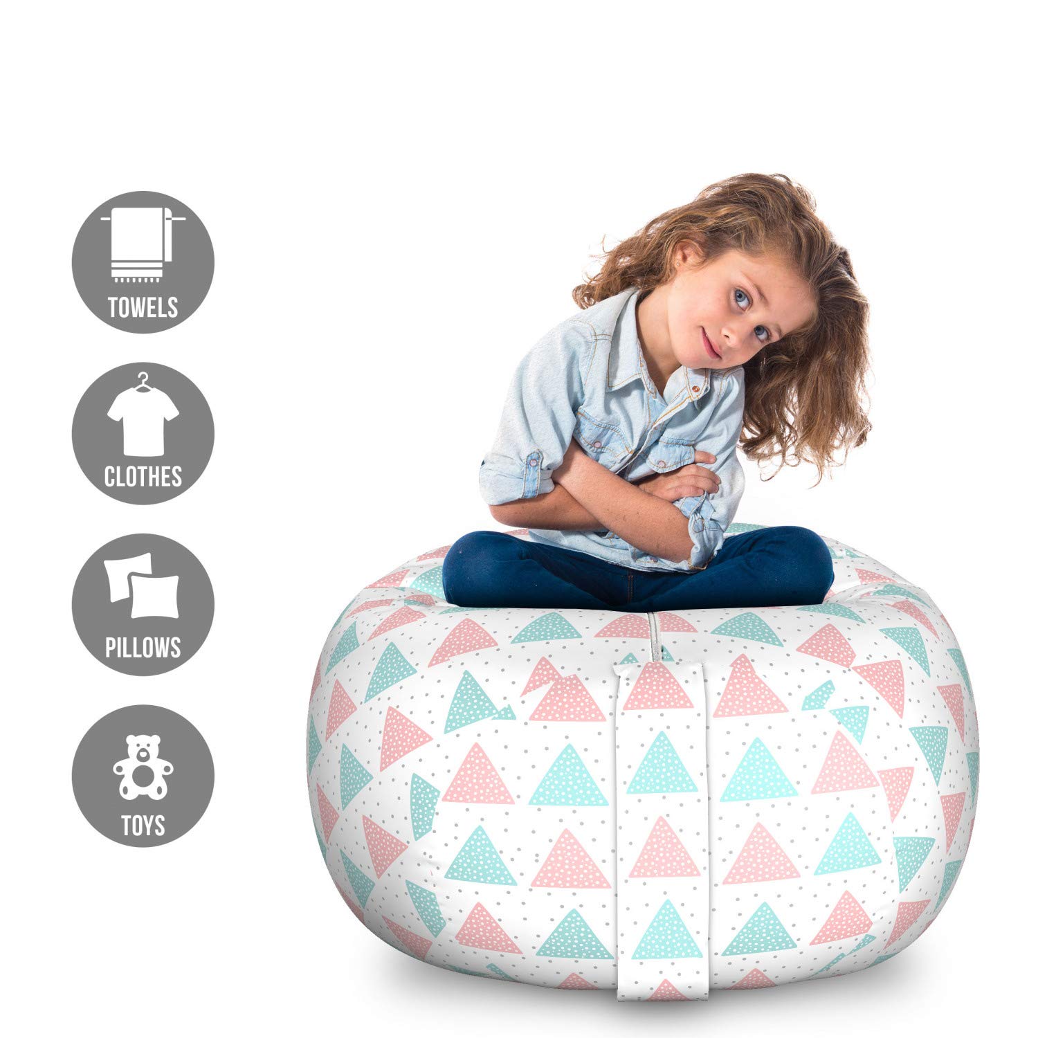 Ambesonne Geometric Storage Toy Bag Chair - Modern Bicolor Pastel Triangle Dot Pattern, Large Washable Stuffed Animal Organizer for Kids' Room - Perfect for Nursery, Playroom & Bedroom Organization