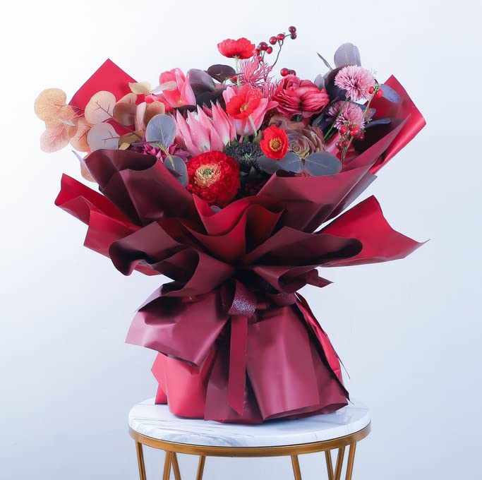 XICHEN 20 Sheets Korean Style Waterproof Floral Wrapping Paper - 58x58cm (22.8x22.8 Inch) for Bouquets, DIY Crafts, Gift Wrapping - Vibrant Wine Red Design - Perfect for Weddings, Birthdays & Home Decor