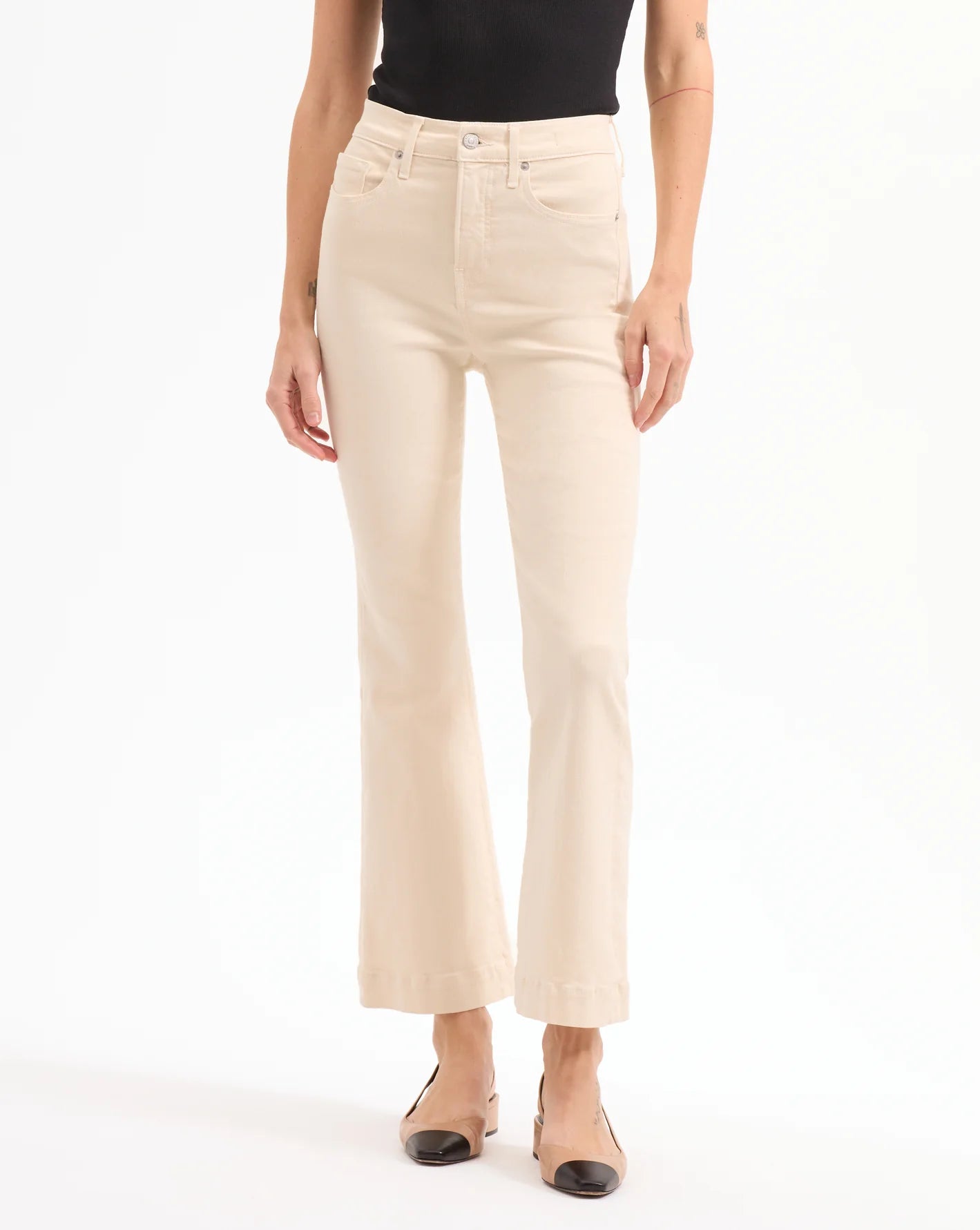 Carson Kick Flare Jean in Ecru - Women's High Waisted Bootcut Denim Pants for Casual Wear & Office Outfits