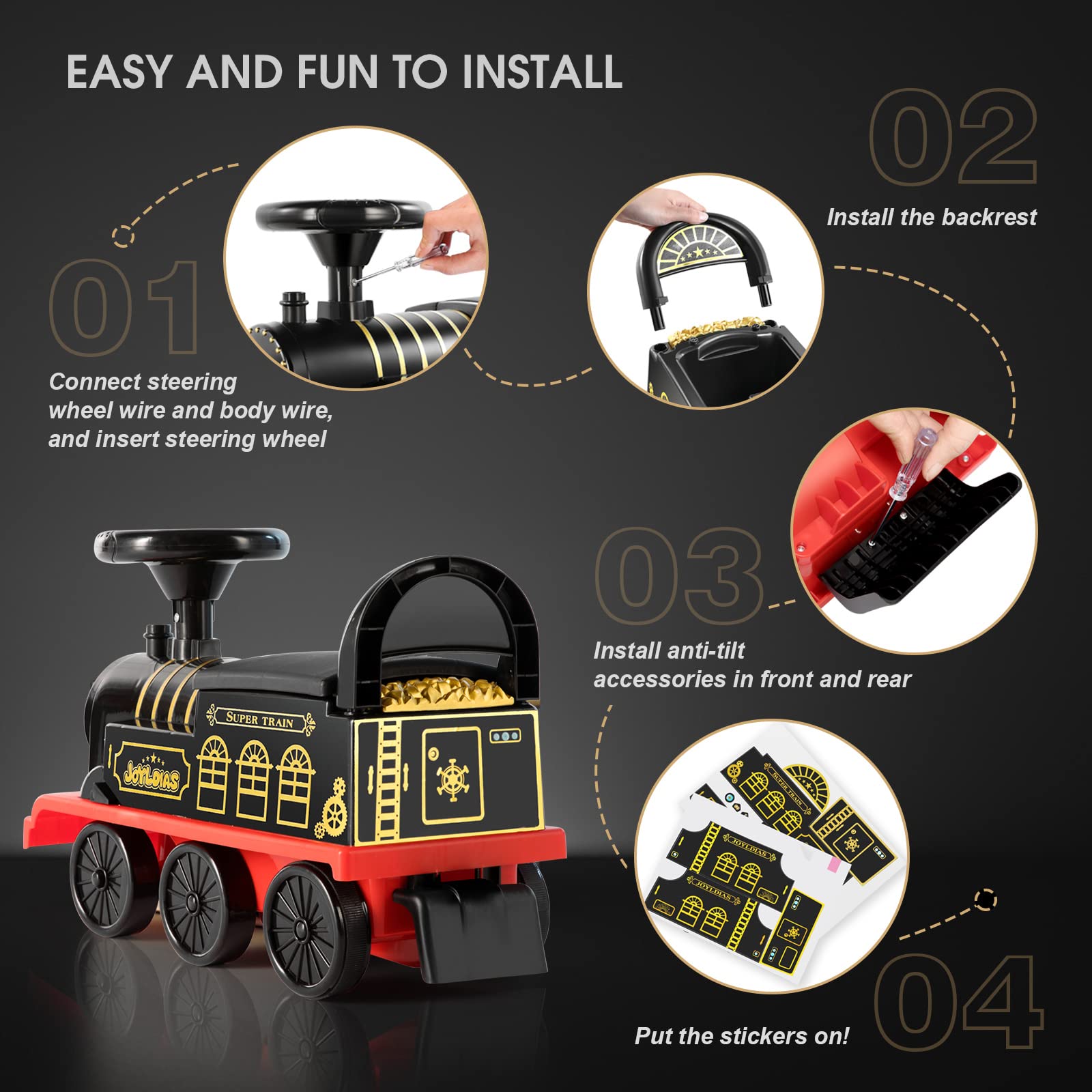 JOYLDIAS 3-in-1 Electric Ride On Train Toy for Kids with 16pcs Curved Tracks, Lights & Horns - 6V Battery Powered Toddler Train with Storage & Retractable Foot Pedals - Perfect Indoor/Outdoor Play for Children Under 39 Inches (Black)