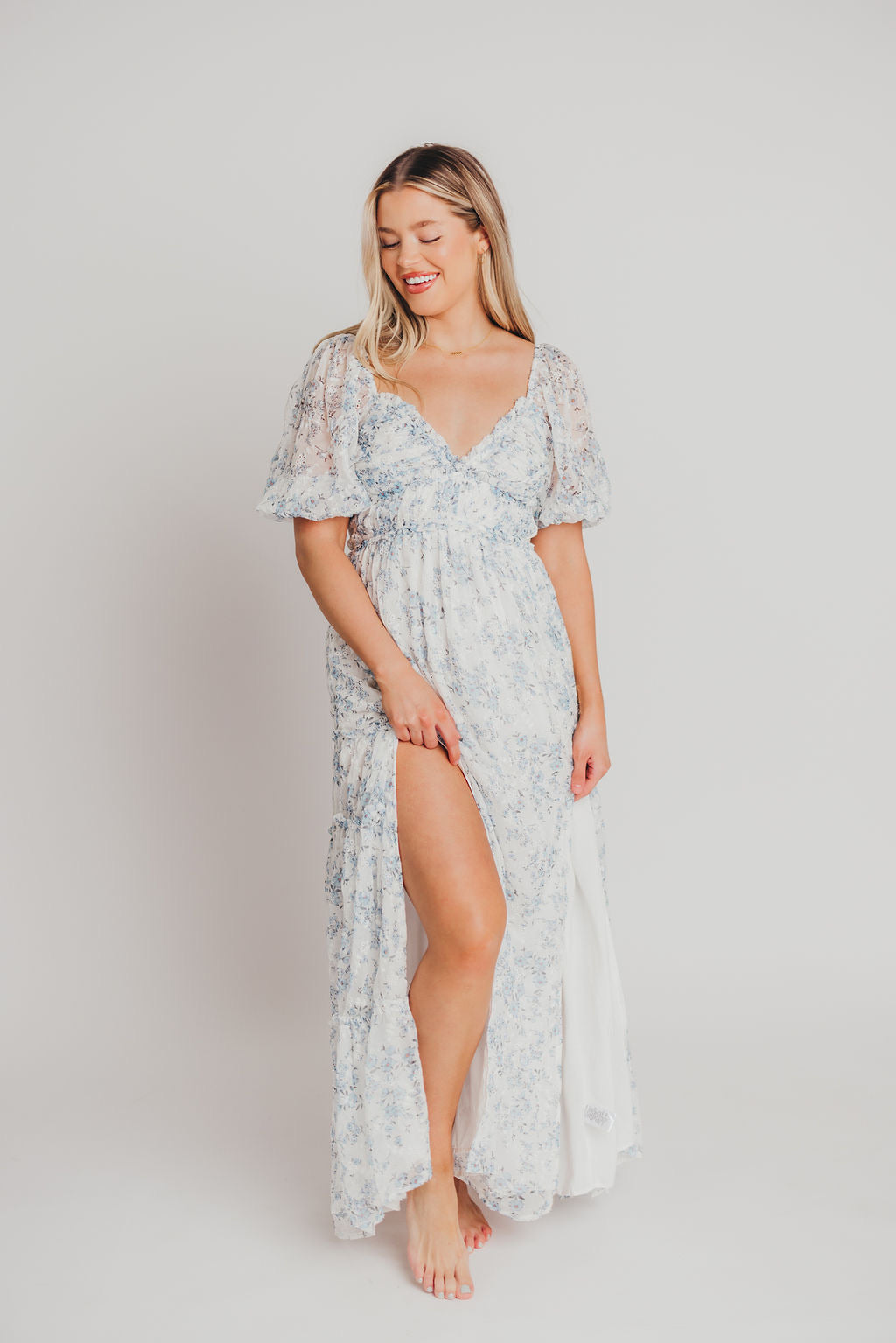 Blue and White Floral Daphne High Slit Eyelet Detail Maxi Dress - Plus Size & Inclusive Sizing - Perfect for Summer Weddings, Beach Vacations & Date Nights