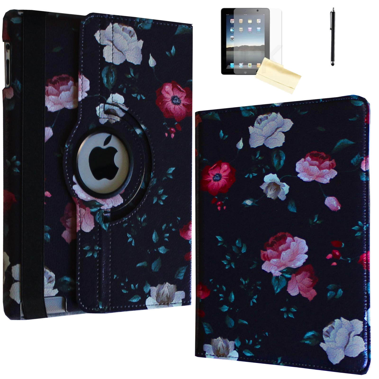 Rotating Stand Smart Cover Case for iPad Air 1 (2013) - Magnetic Auto Wake/Sleep | Compatible with iPad Air A1474 A1475 A1476 | Black Flower Design | Perfect for Work, Travel & Home Use