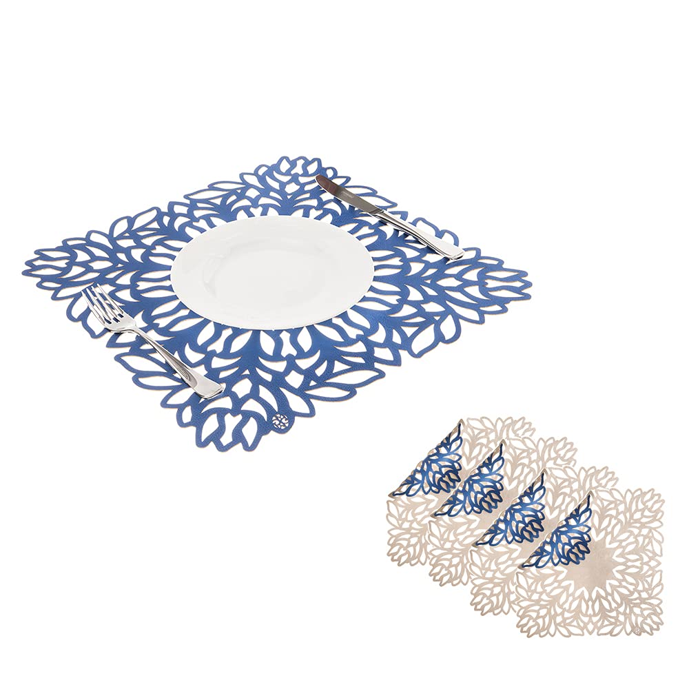 Mijal Gleiser Double Sided Laser Cut Placemats - Heat Resistant, Non Slip & Stain Proof - Set of 4 - Sea Flower Collection (Royal Blue & Champagne) - Perfect for Dining Tables, Kitchen Countertops & Party Decorations