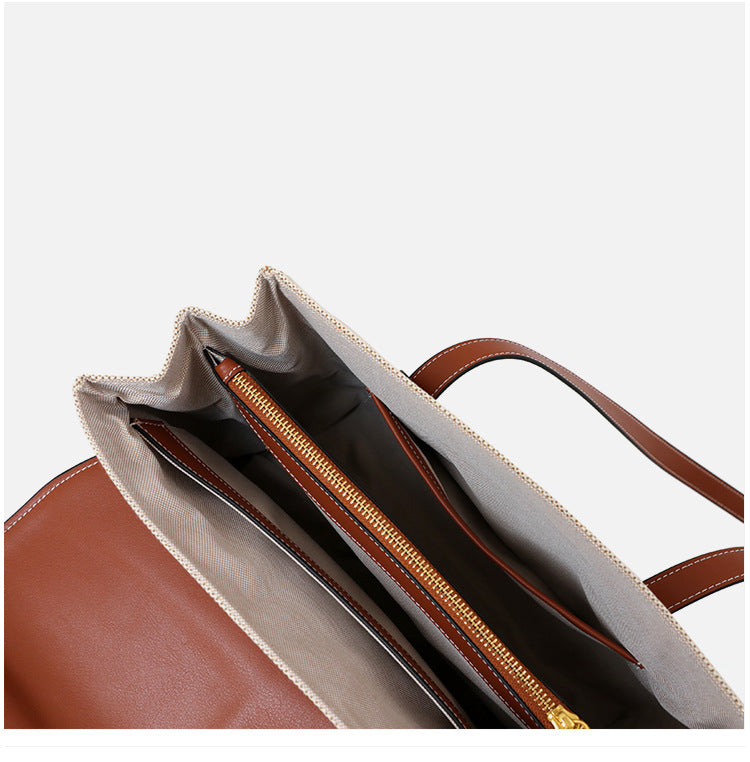 Genuine Leather Shoulder Bag for Women - Stylish Canvas Lock Design Tote Handbag - Perfect for Work, Travel & Everyday Use