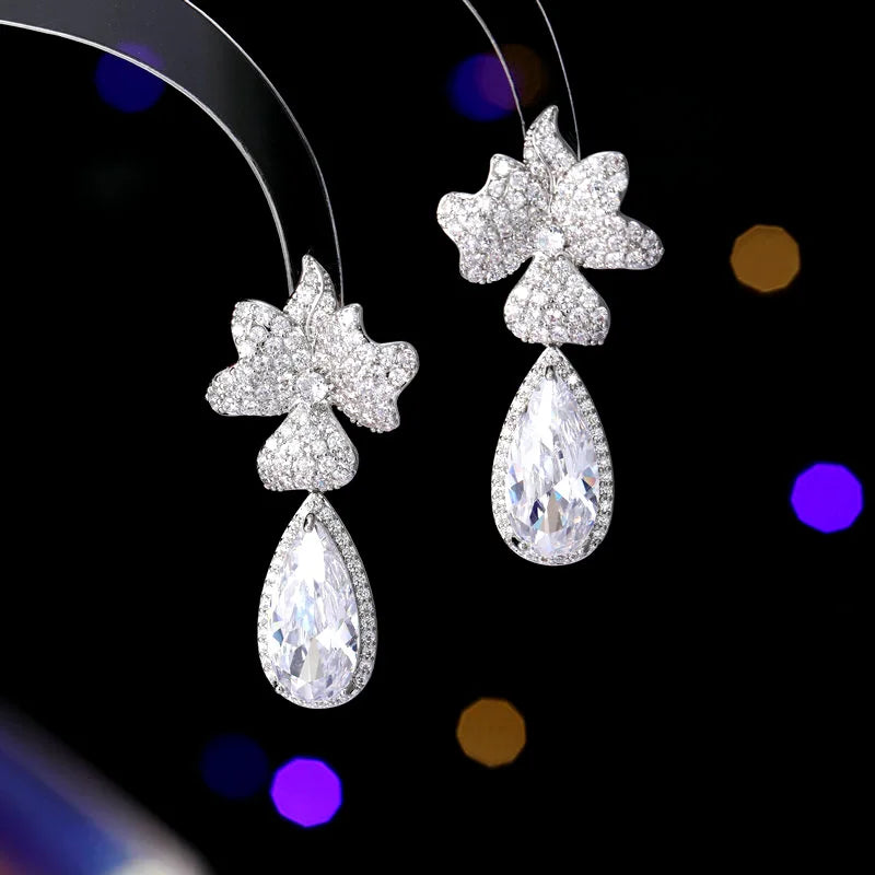 Luxury Cubic Zirconia Waterdrop Flower Earrings for Women - Elegant Bridal Wedding Jewelry, Banquet Party Dress Accessories - Perfect for Weddings, Proms, and Special Occasions