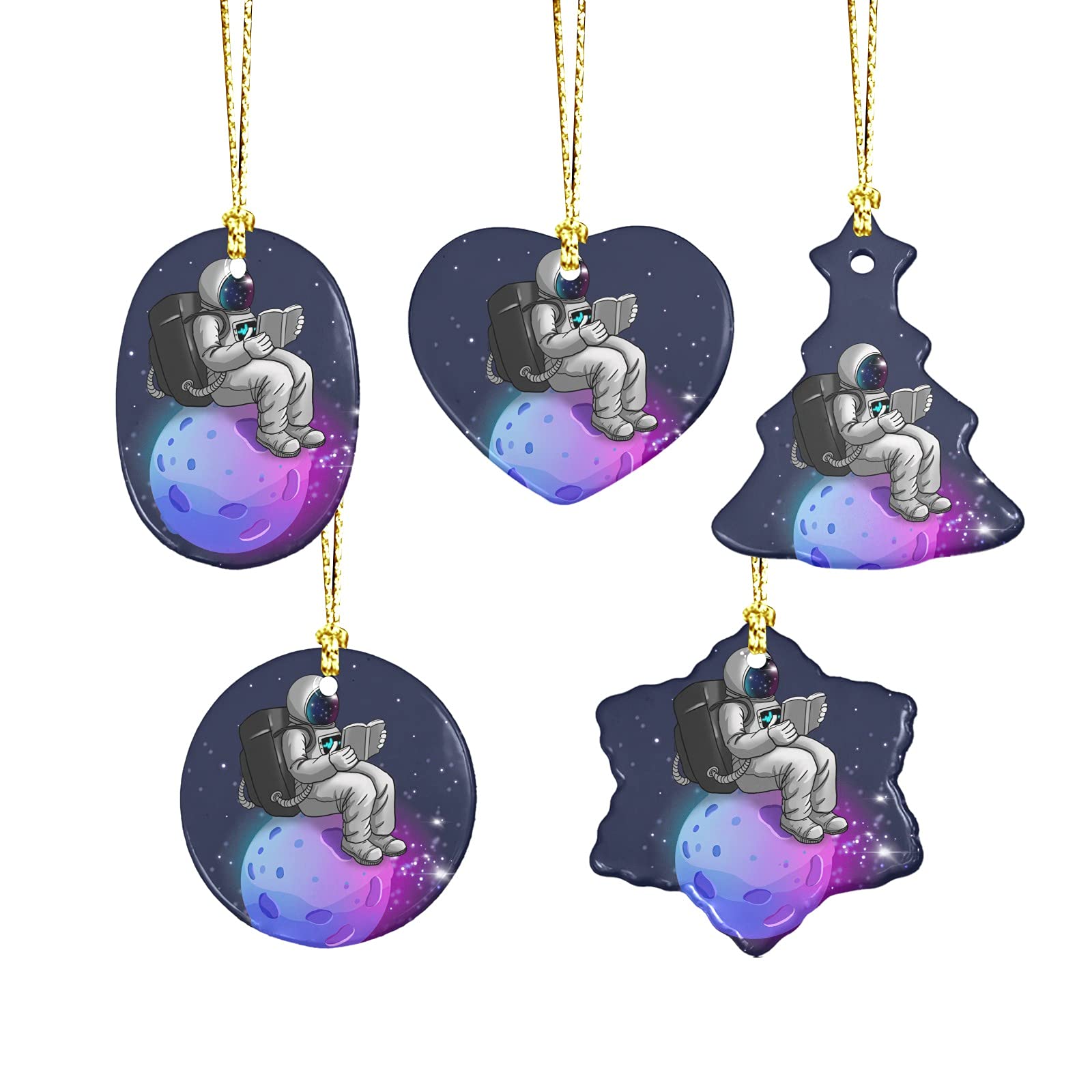 Planet Reading Astronaut 2021 Inspirational Ceramic Ornaments - Set of 5 Christmas Tree Decorations, Wall Hanging & Fireplace Accessories for Home & Office Decor