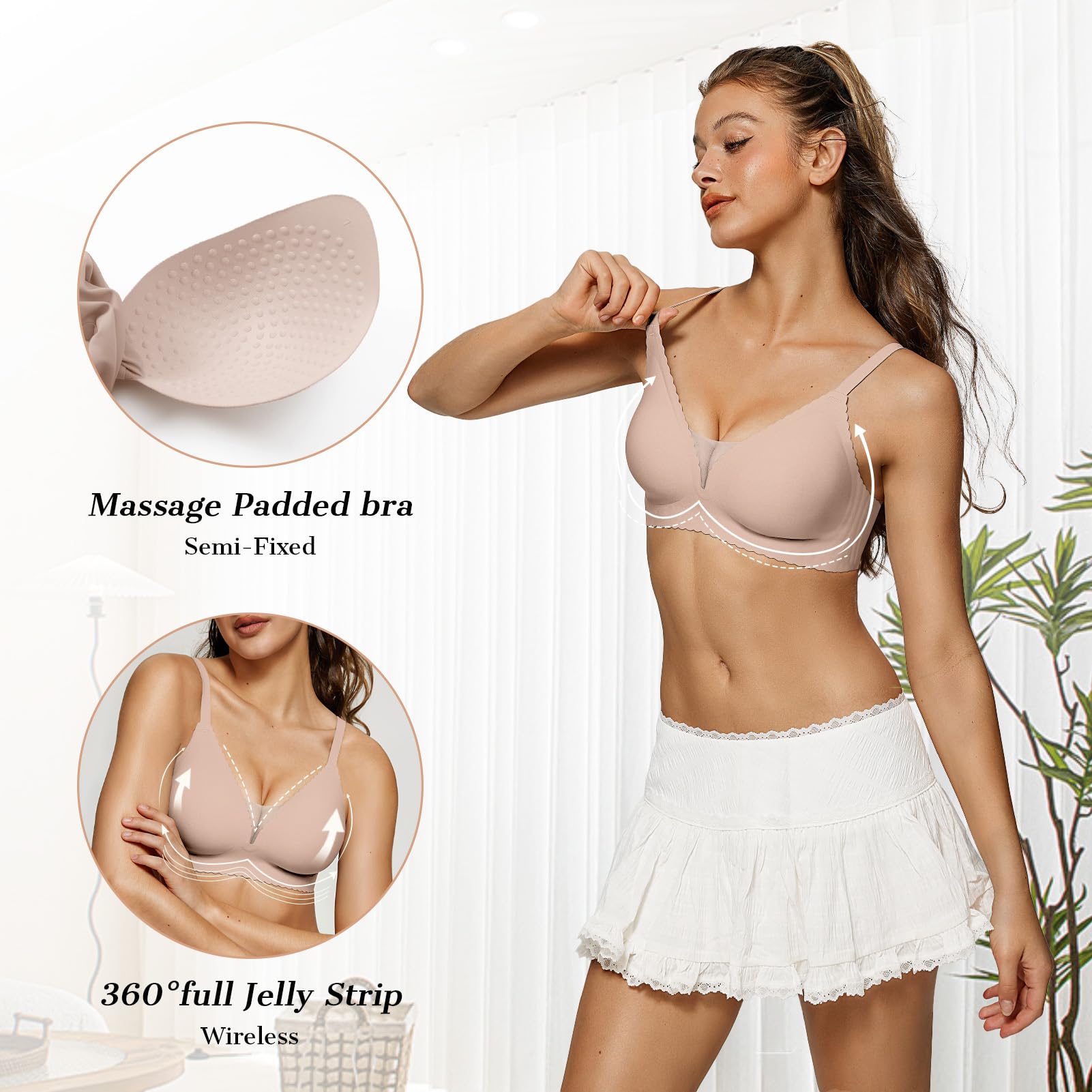 OEAK Women's Comfortable Wireless Push Up Bralette - Scalloped Mesh Seamless T-Shirt Bra with Deep V Neckline for Everyday Wear | Perfect for Work, Yoga & Casual Outfits