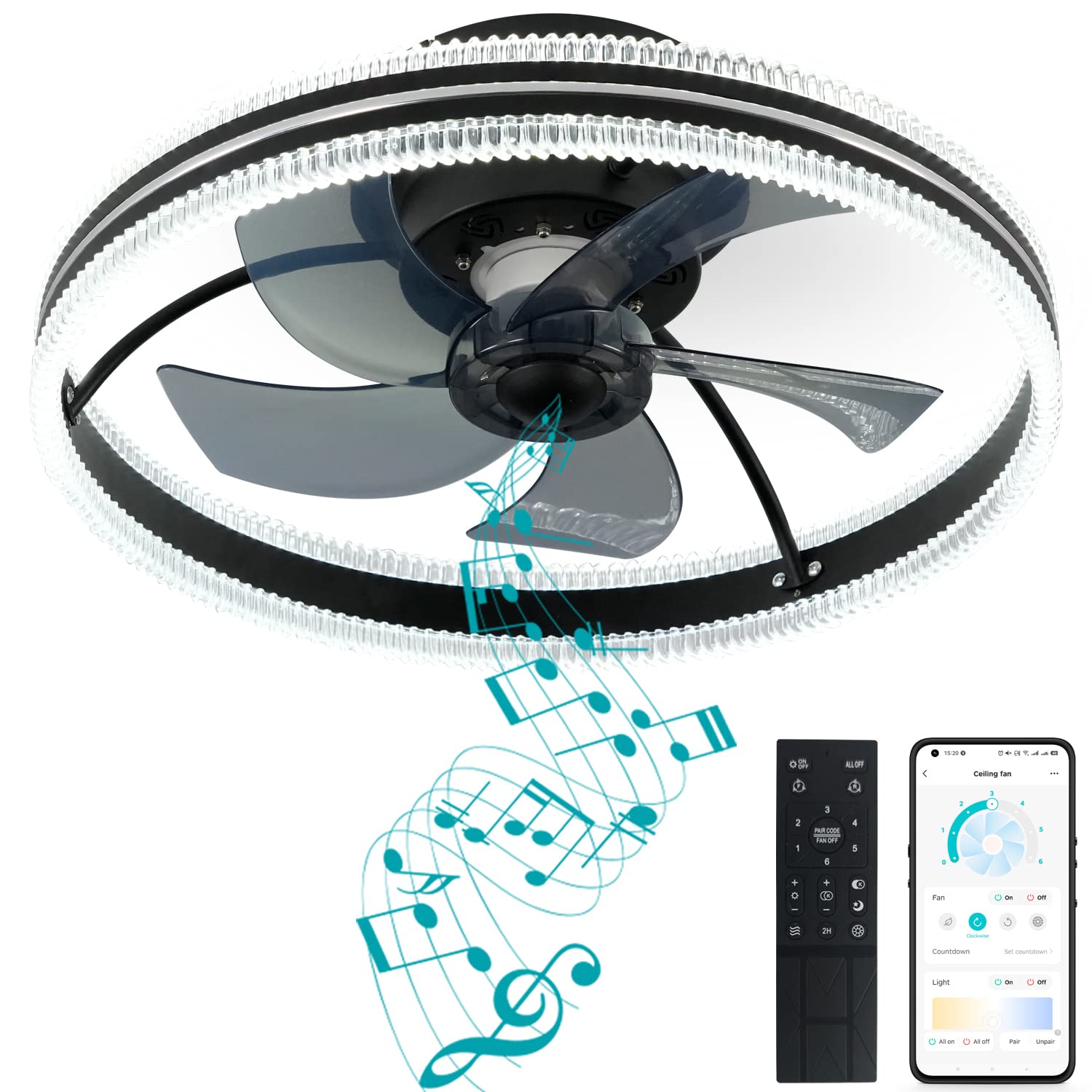 **DewShrimp Bladeless Ceiling Fan with LED Lights & Bluetooth Speaker – Smart App & Remote Control, Ultra-Quiet Low Profile Design, Stepless Dimming, 3 Colors & 6 Speeds, Reversible 19.7