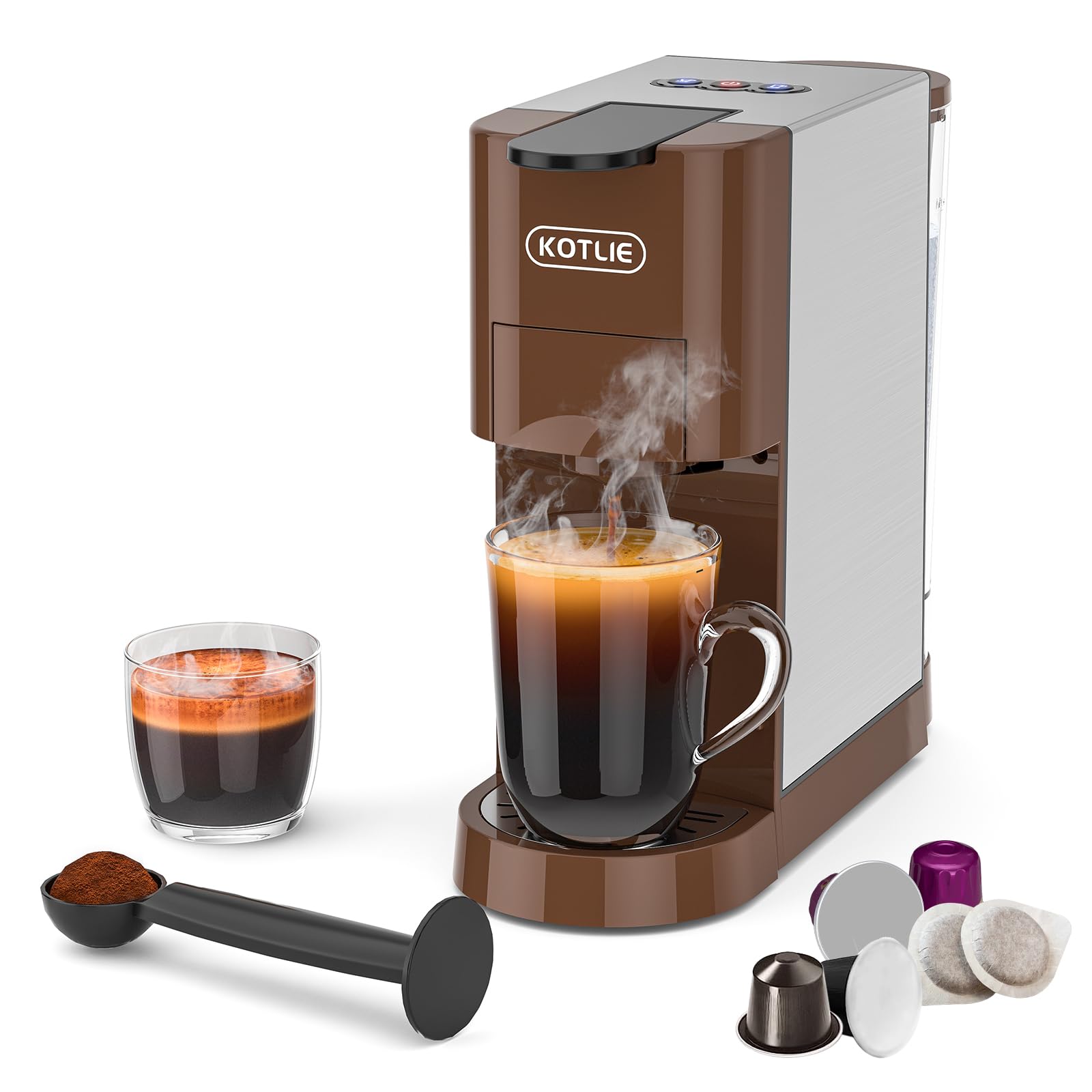 KOTLIE 4-in-1 Espresso Machine - Single Serve Coffee Maker for NES*Original/KEU* K-Cups, Ground Coffee & illy ESE Pods - 19 Bar Pressure, 1450W - Perfect for Home, Office & Small Cafes