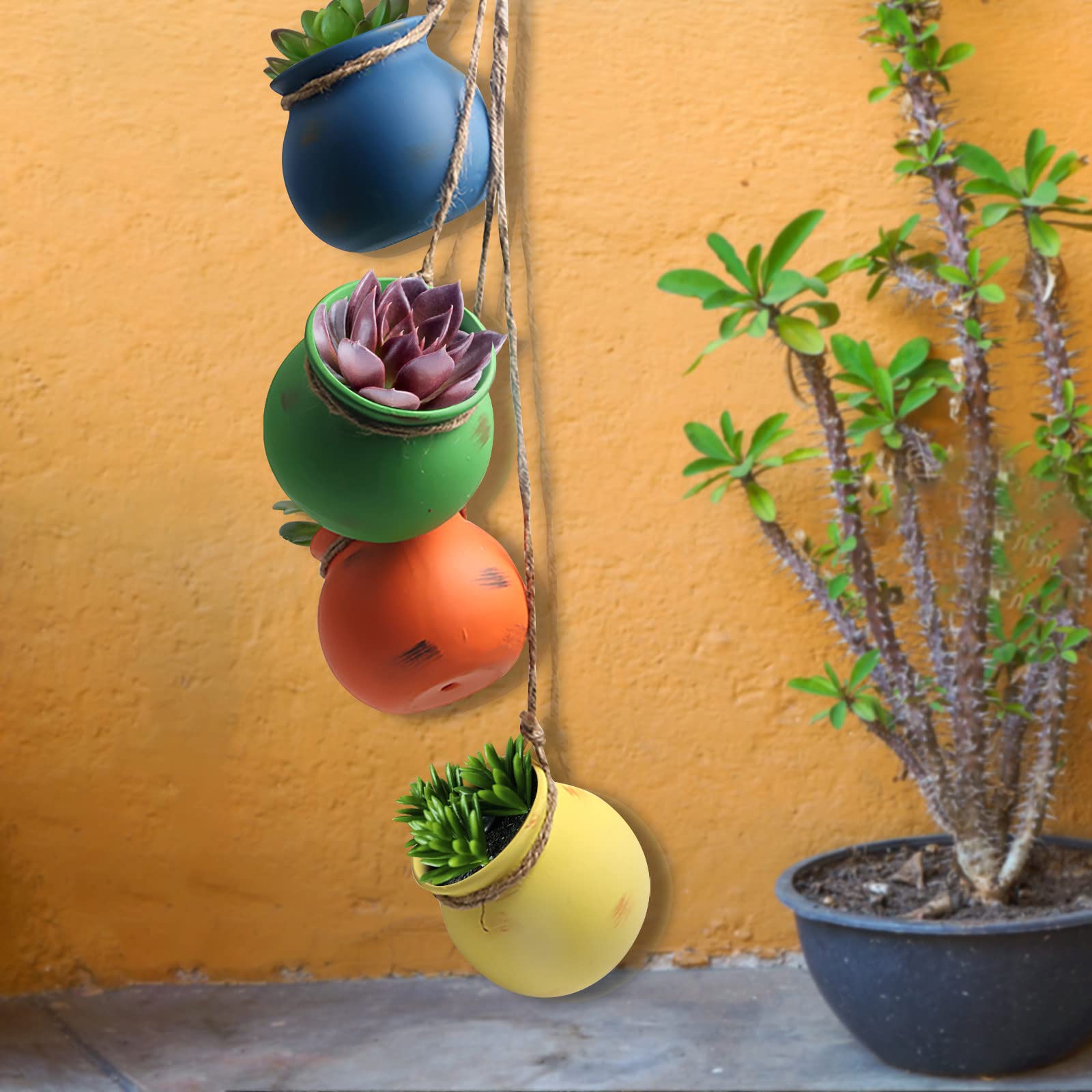 4PCS 4.0 Inch Hanging Succulent Planters - Ceramic Wall & Ceiling Mount Plant Pots for Succulents, Cactus, Air Plants - Indoor/Outdoor Home Decor, Balcony, Garden, Office Hanging Basket Planters