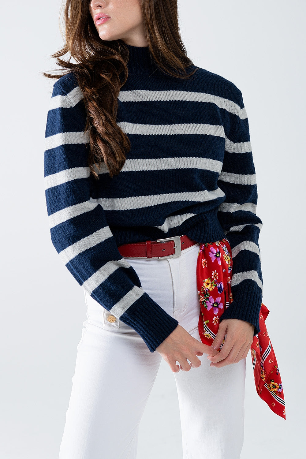 Men's Striped Pullover High Neck Sweater in Navy Blue & Gray - Perfect for Casual Wear, Office Outfits, and Winter Layering