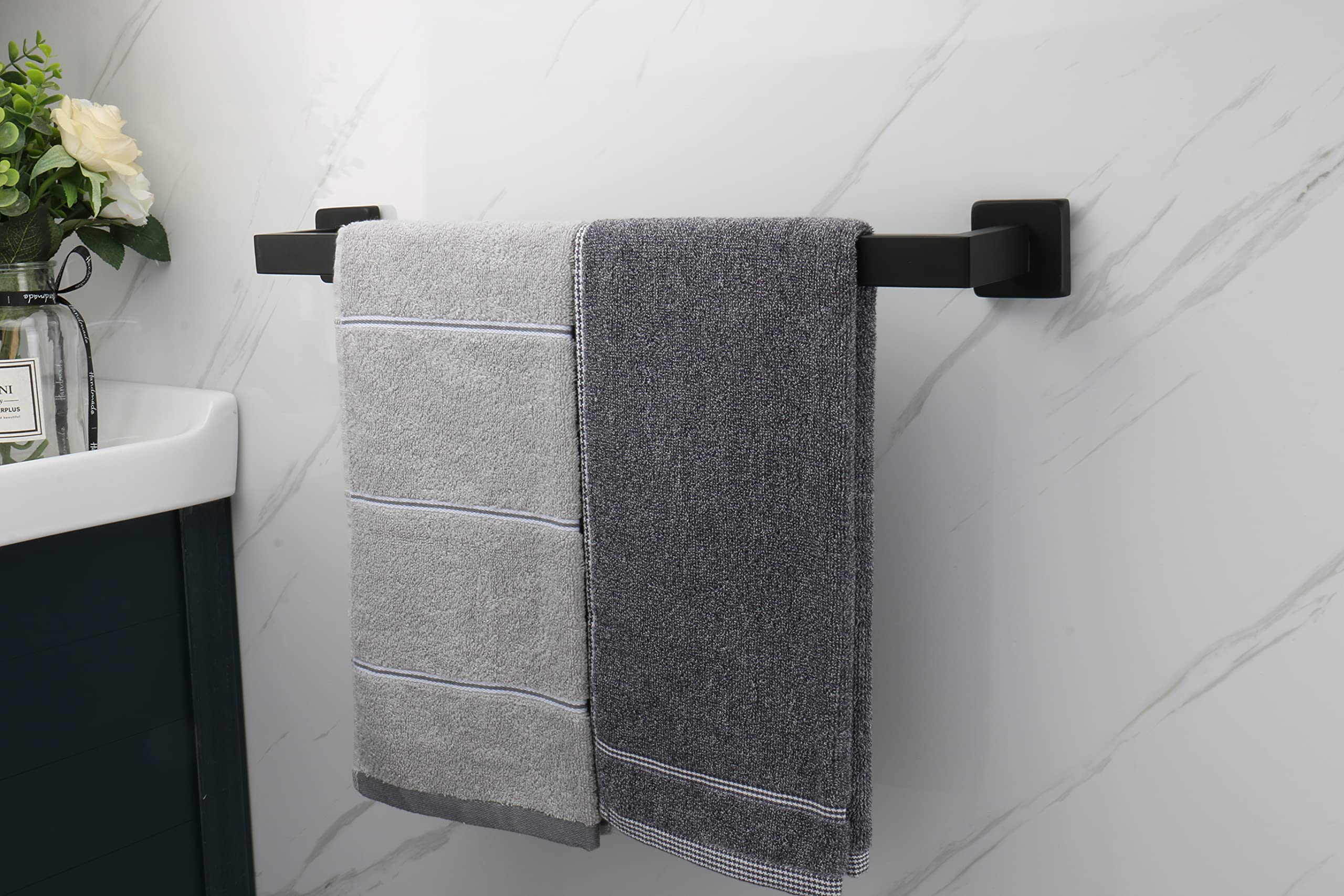 TocTen Stainless Steel Towel Rack - Heavy Duty 304 SUS Wall Mounted Bathroom Towel Holder Bar with Square Base, Black (20 Inch) - Perfect for Modern Bathrooms, Spas, and Luxury Hotels
