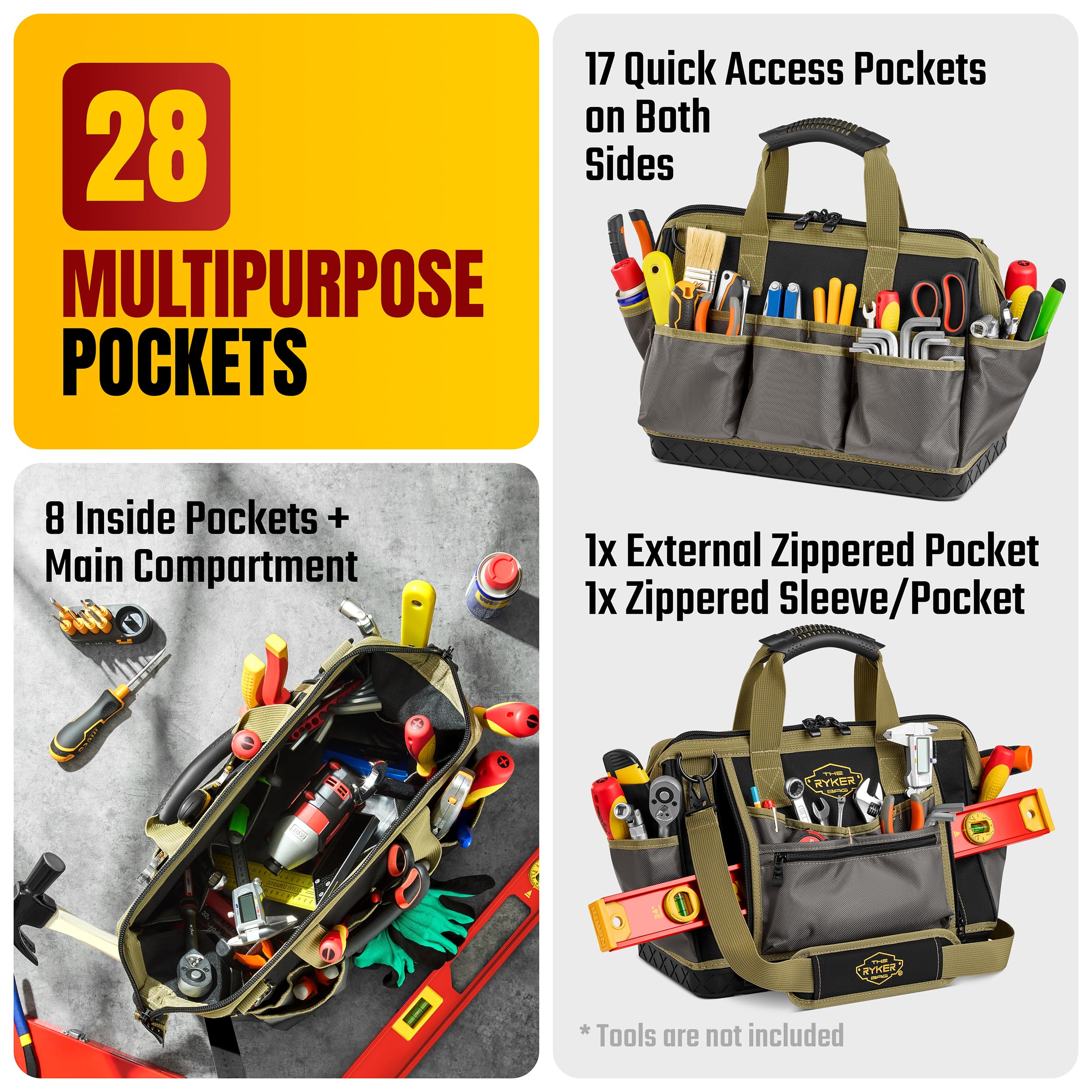 Heavy Duty 16-inch Ryker Tool Bag - 28 Pockets for Electricians & DIY