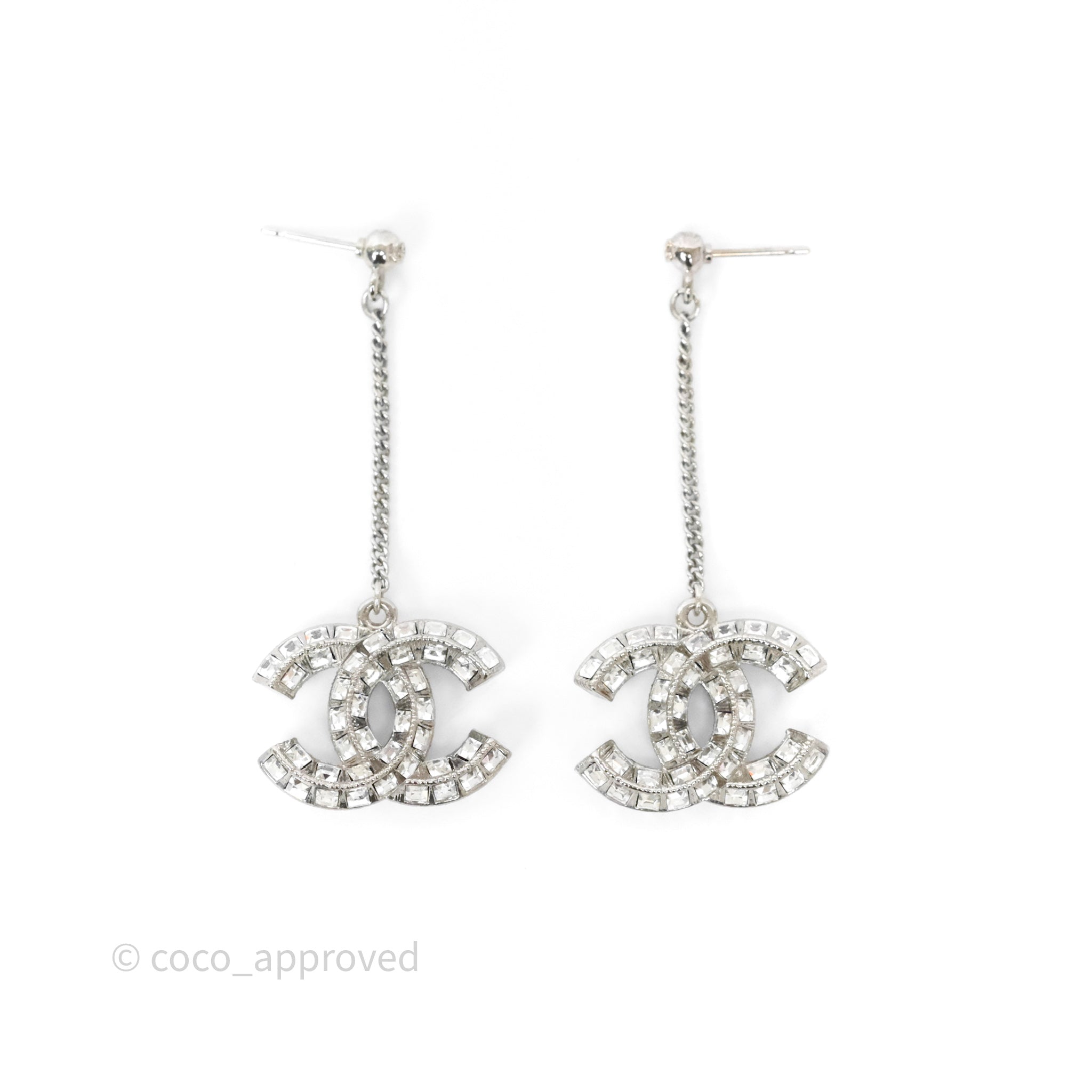 Chanel CC Crystal Long Drop Earrings for Women - Silver Tone 21V Elegant Dangle Earrings | Perfect for Parties, Weddings & Evening Events
