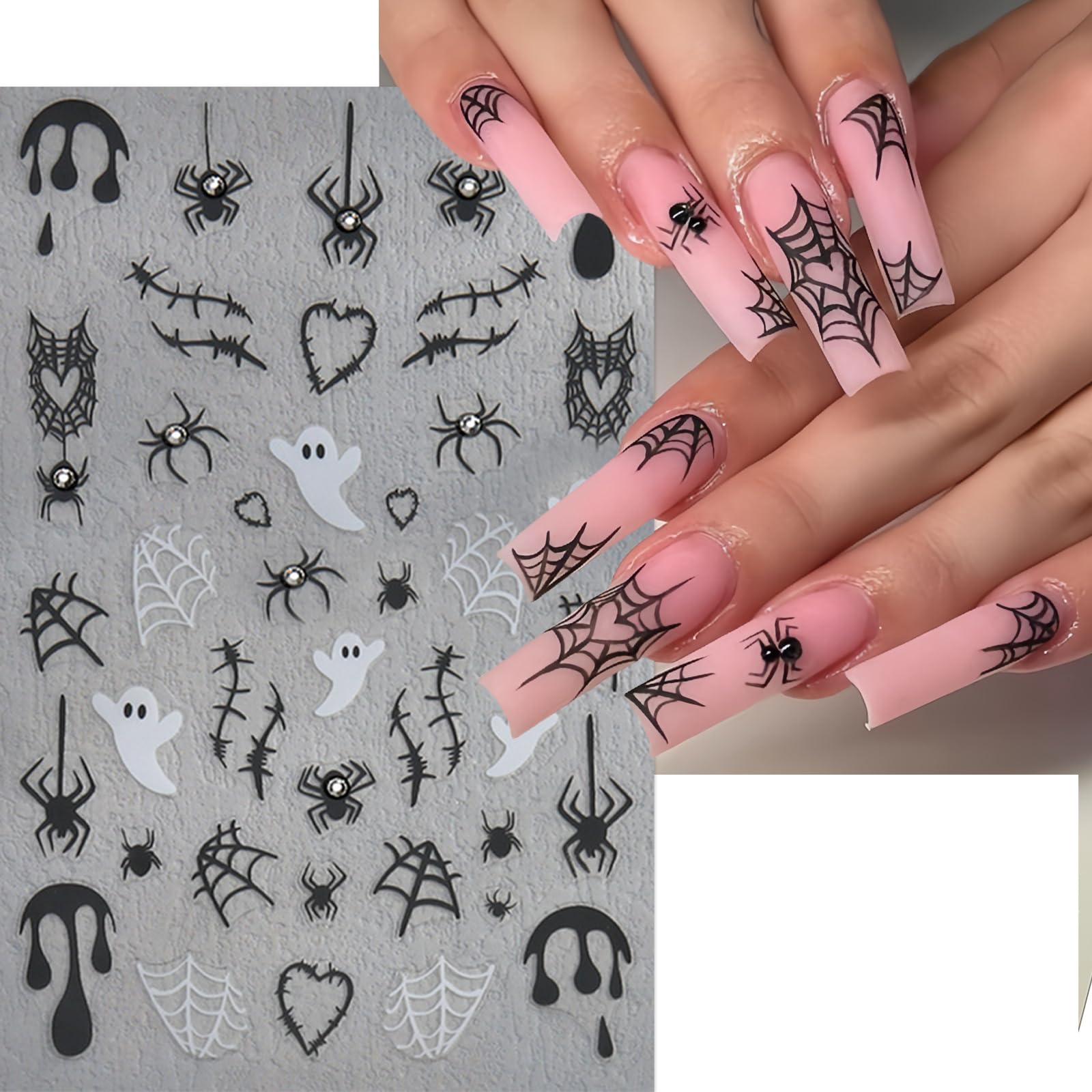 6Pcs Halloween Nail Stickers - 3D Self-Adhesive Ghost & Spider Web Nail Art Decals with Rhinestones | Pink & White Nail Design Supplies for Women | Perfect for Halloween Parties, Costume Nails & Spooky Manicure Decorations