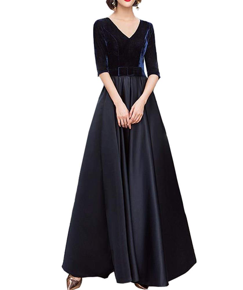Honeydress Women's Navy Blue V-Neck Velvet Prom Dress - Long A-Line Formal Evening Gown with Half Sleeves for Homecoming, Cocktail Party & Special Occasions