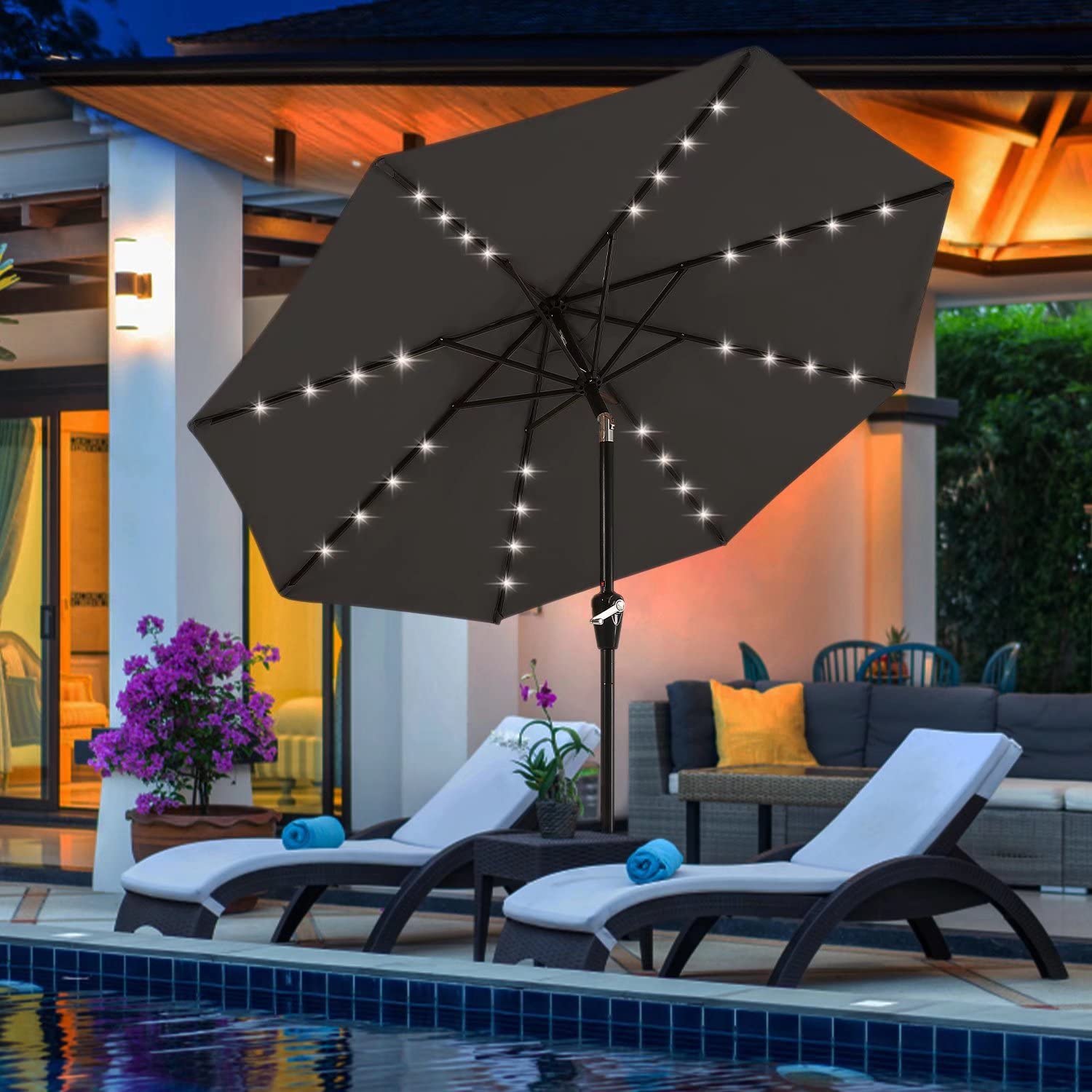 ABCCANOPY 9FT Solar LED Patio Umbrella with 32 LED Lights - Dark Gray | Durable Outdoor Shade for Poolside, Backyard, Garden & Patio Furniture