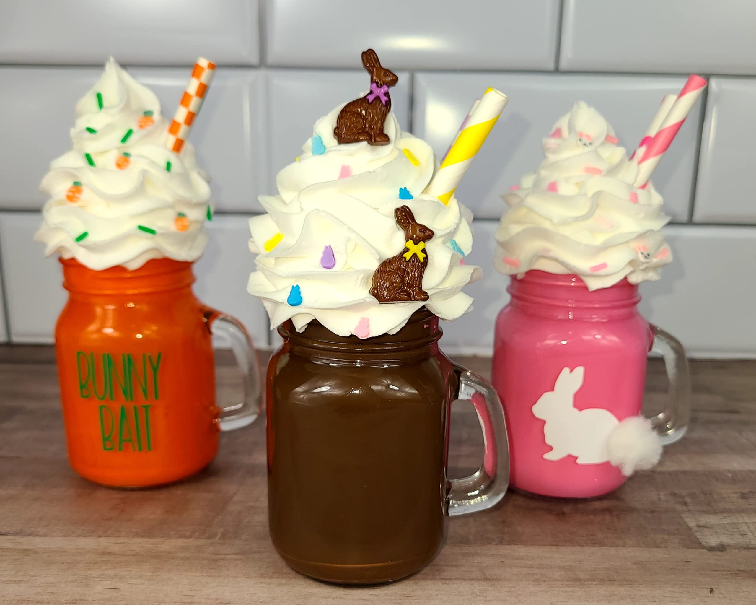 Easter Tiered Tray Decor Set - Pink Fake Ice Cream Milkshake & Mini Mason Jar - Easter Dessert Table Decorations for Spring Party, Home Decor, and Holiday Display