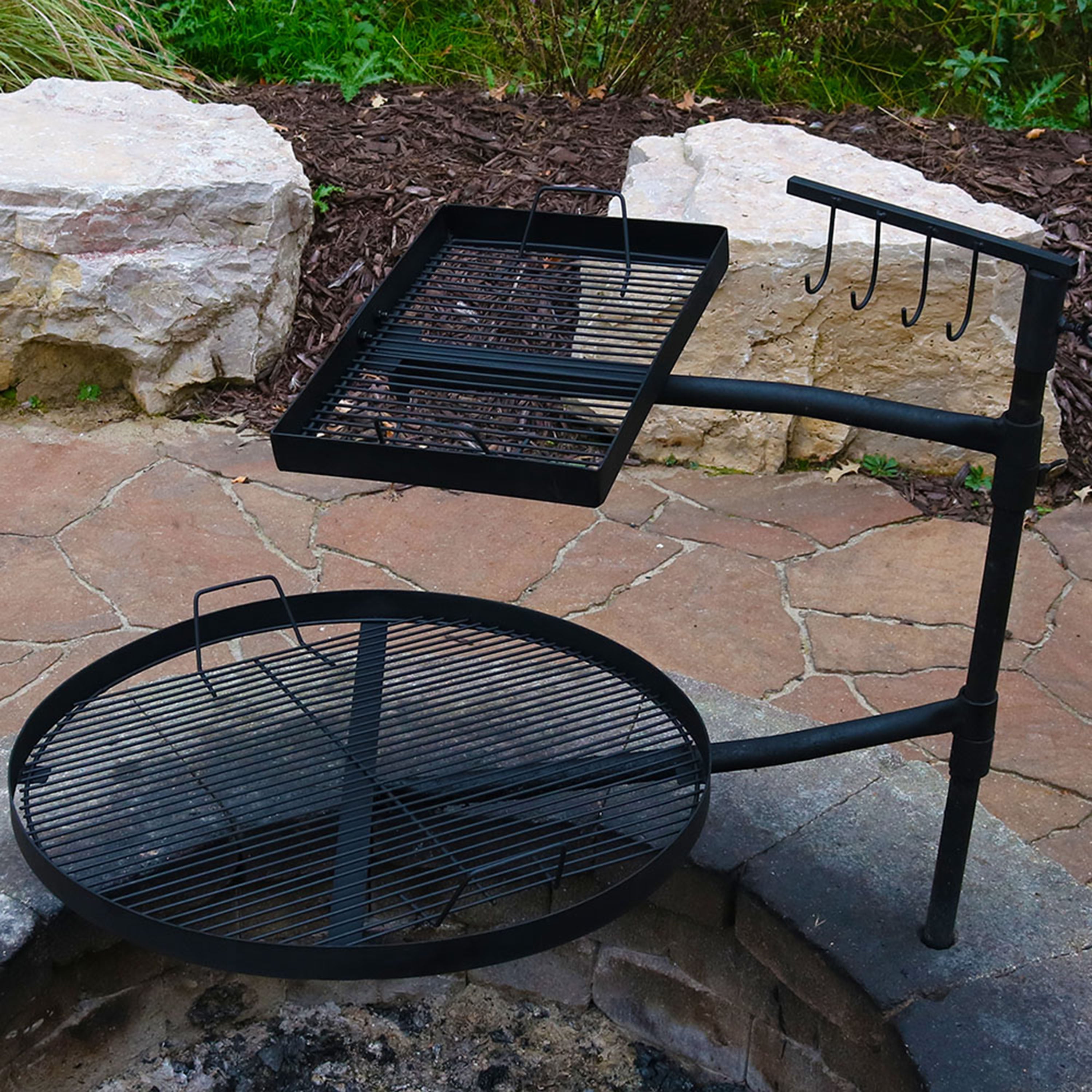 Sunnydaze Dual Campfire Cooking Swivel Grill System - Heavy Duty Outdoor BBQ Grill for Camping, Picnics & Backyard - Adjustable Height & Rotating Grill Grate for Perfect Grilling Anywhere