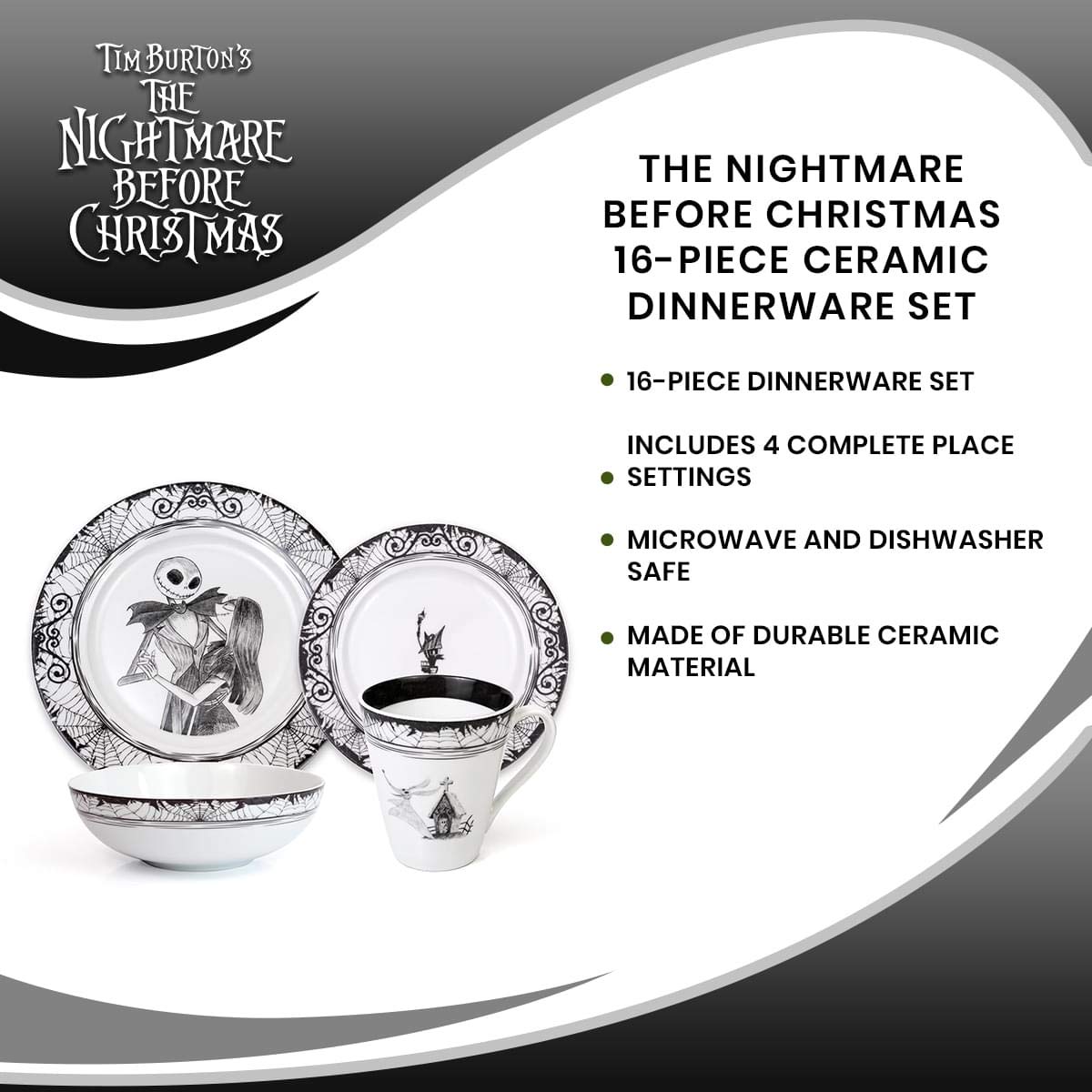 The Nightmare Before Christmas 16-Piece Dinnerware Set | Ceramic Plate & Bowl Set for Halloween & Christmas Dinner Parties | Perfect for Holiday Entertaining & Themed Decor