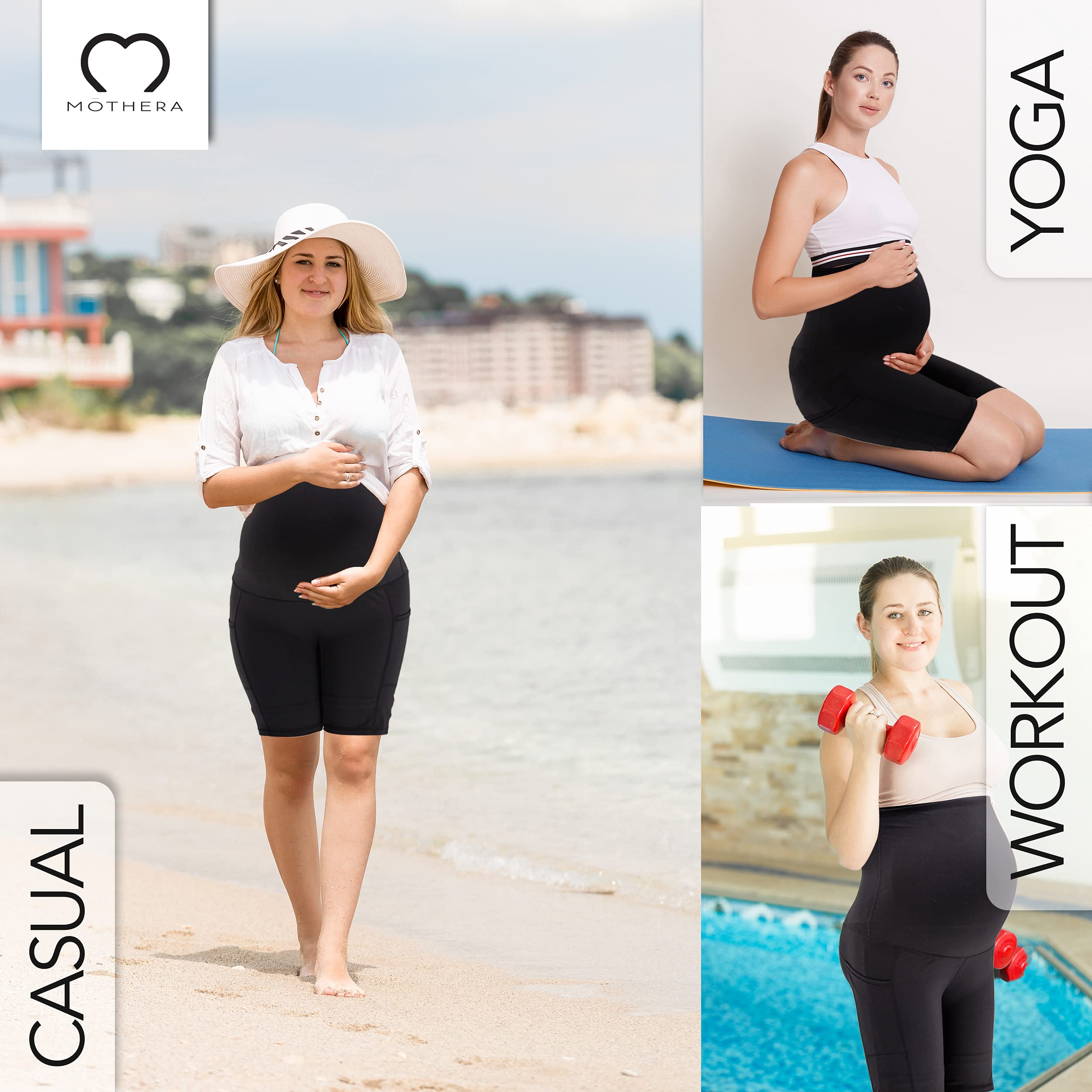 Mothera Maternity Yoga Shorts Over The Belly - Breathable Pregnancy Activewear Workout Shorts with Pockets for Comfortable Exercise & Daily Wear | Perfect for Yoga, Gym, Running and Maternity Lounge