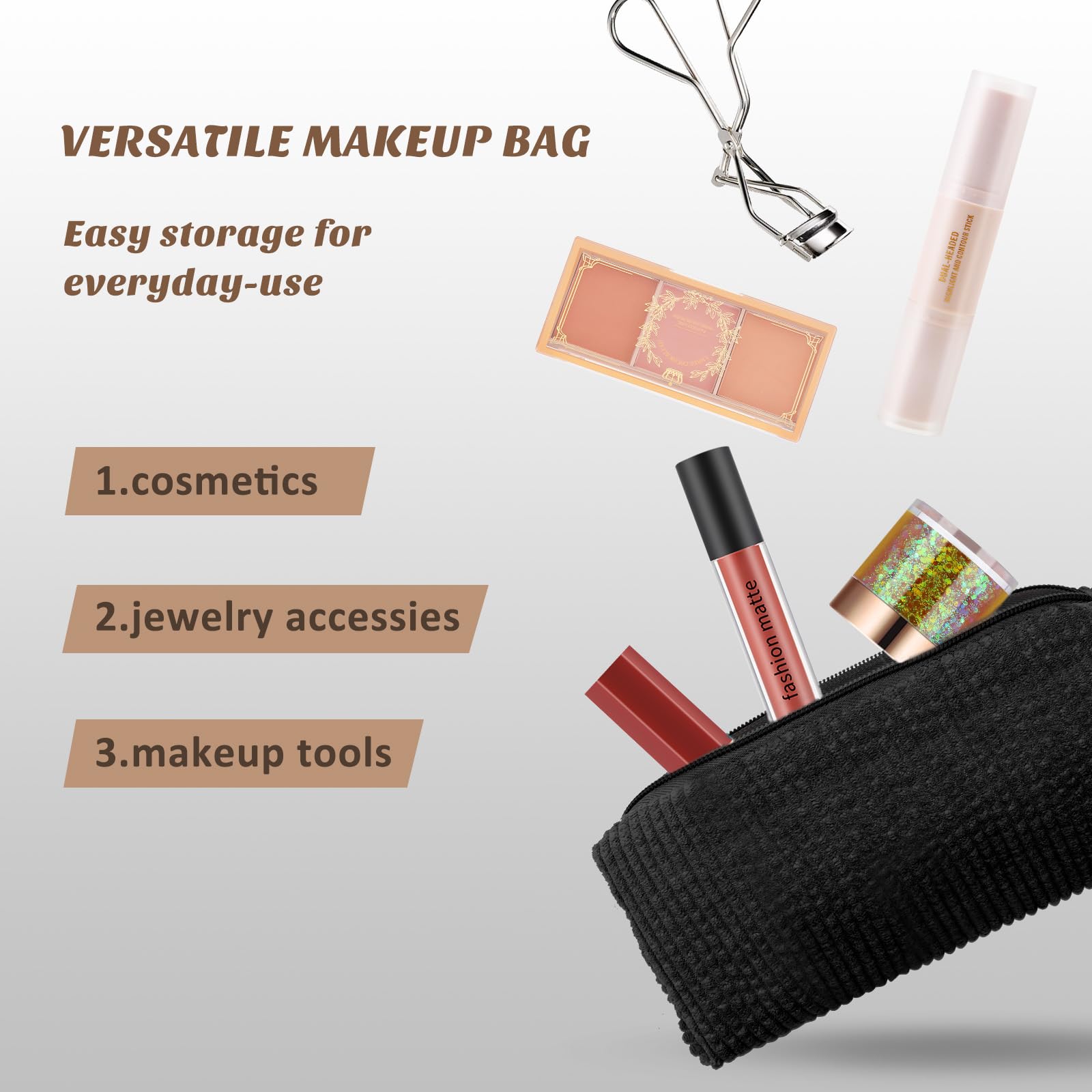 Boobeen Women's Corduroy Makeup Bag - Travel Cosmetic Organizer with Zipper, Small Purse Makeup Pouch for Girls, Cute Smiley Face Toiletry Bag | Perfect for Travel, Gym, Daily Use & Gift Giving