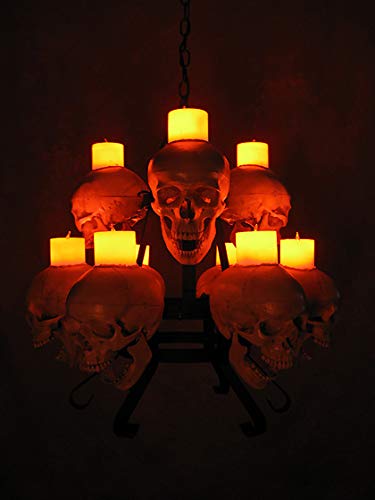 Two-Tiered Skull Metal Chandelier with 9 Skulls & Wax Candles - Gothic Home Decor for Dining Room, Living Room, or Halloween Party Lighting