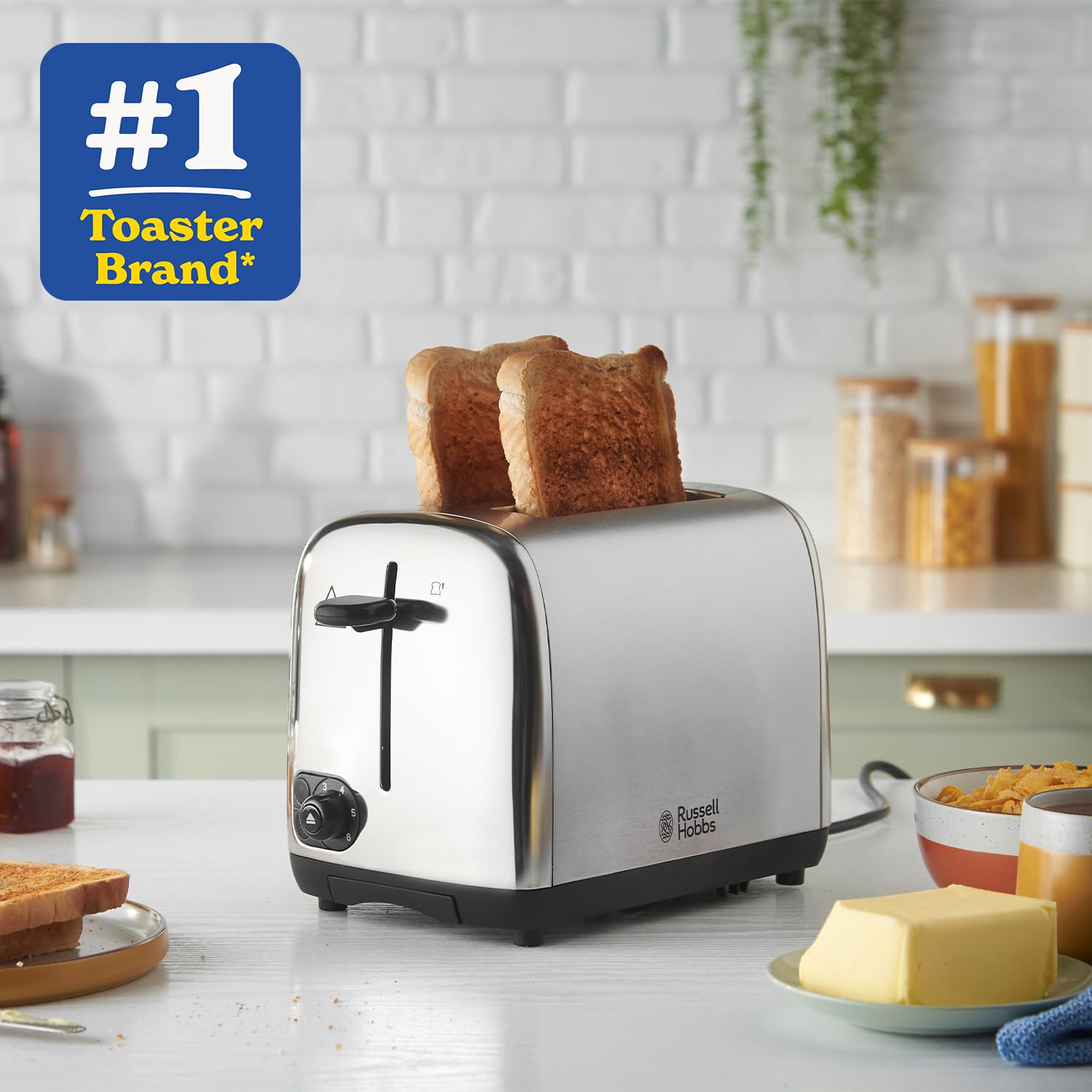 Russell Hobbs 2 Slice Toaster - Wide Slot Stainless Steel Toaster with Perfect Toast Technology, 6 Browning Levels, Frozen & Cancel Function - Ideal for Breakfast, Office, Dorm & Small Kitchens