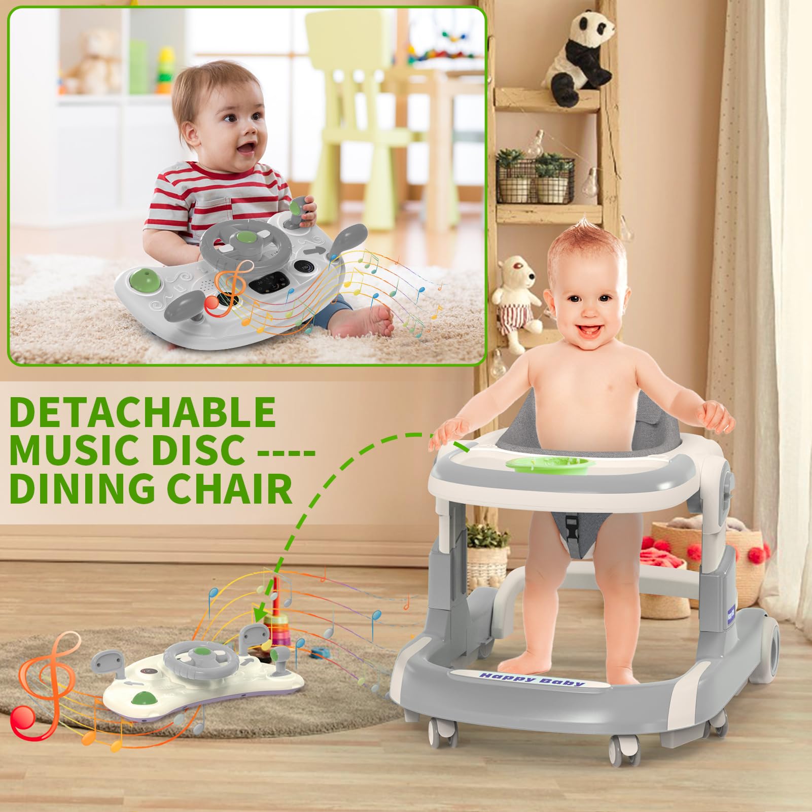 **Foldable Baby Walker with Wheels - 5 Modes, Music, Adjustable Height (6-12 Months) | Push Handle, Bouncer, Food Tray & Sunshade | Safe for Boys & Girls (Blue) | Perfect for Learning to Walk & Indoor Play**