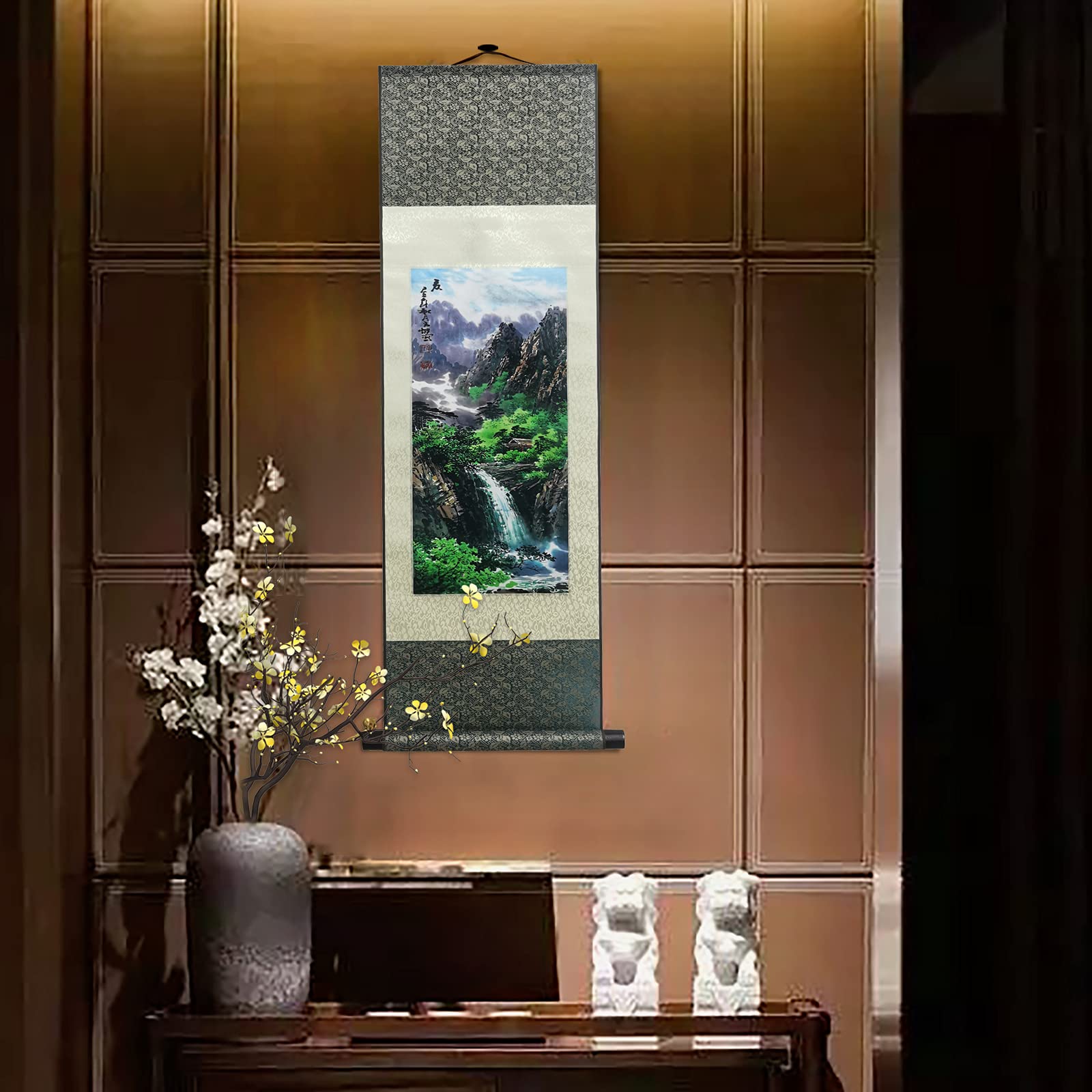 ATFArt Chinese Four Seasons Landscape Silk Scroll Painting - Summer Autumn Winter Spring Wall Hanging Decor (36.2x12 Inch) | Perfect for Living Room, Bedroom & Office Asian Theme Decoration