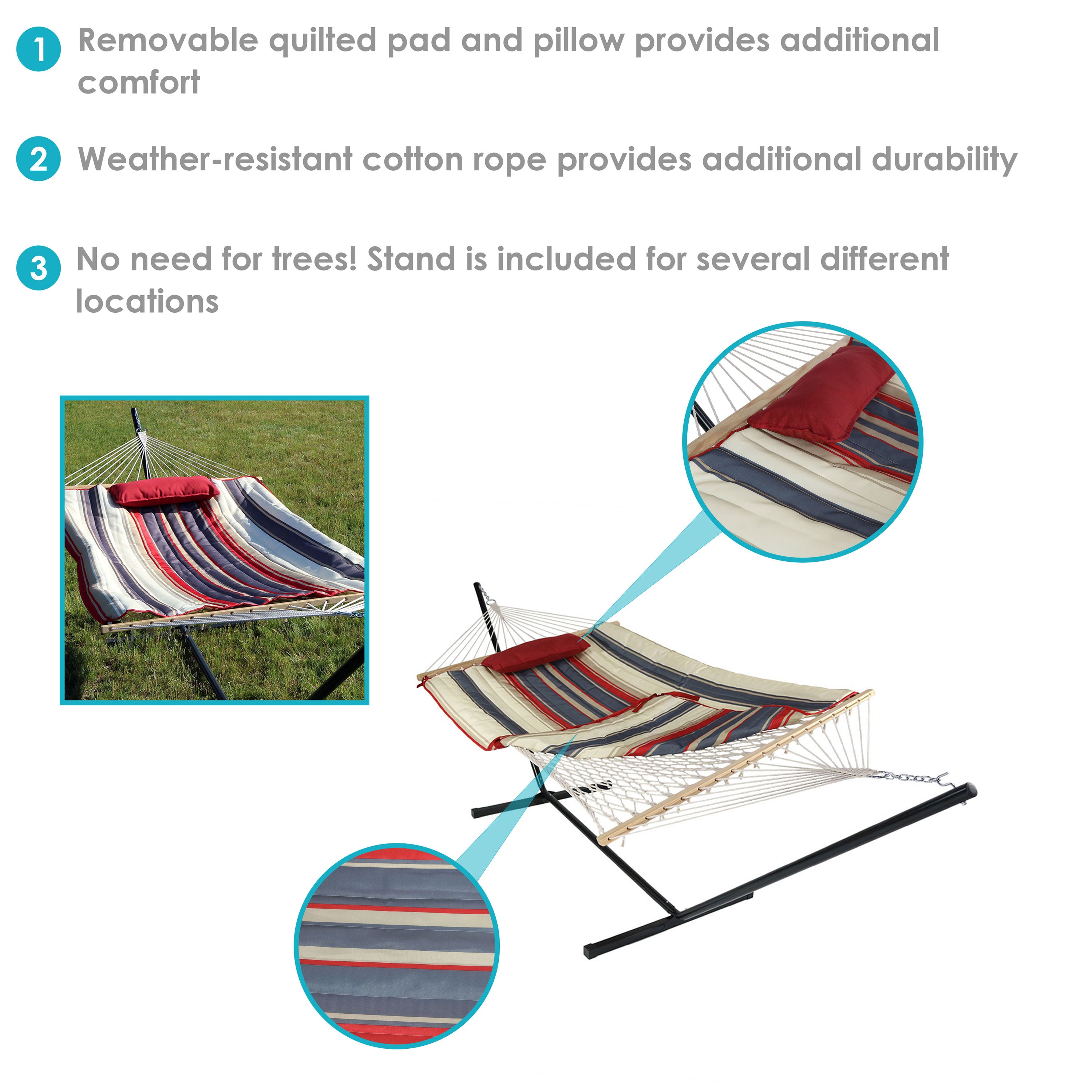 Premium Sunnydaze Rope Hammock with 12-Foot Steel Stand, Comfortable Pad & Pillow - Perfect for Backyard Relaxation, Beach Lounging & Outdoor Camping