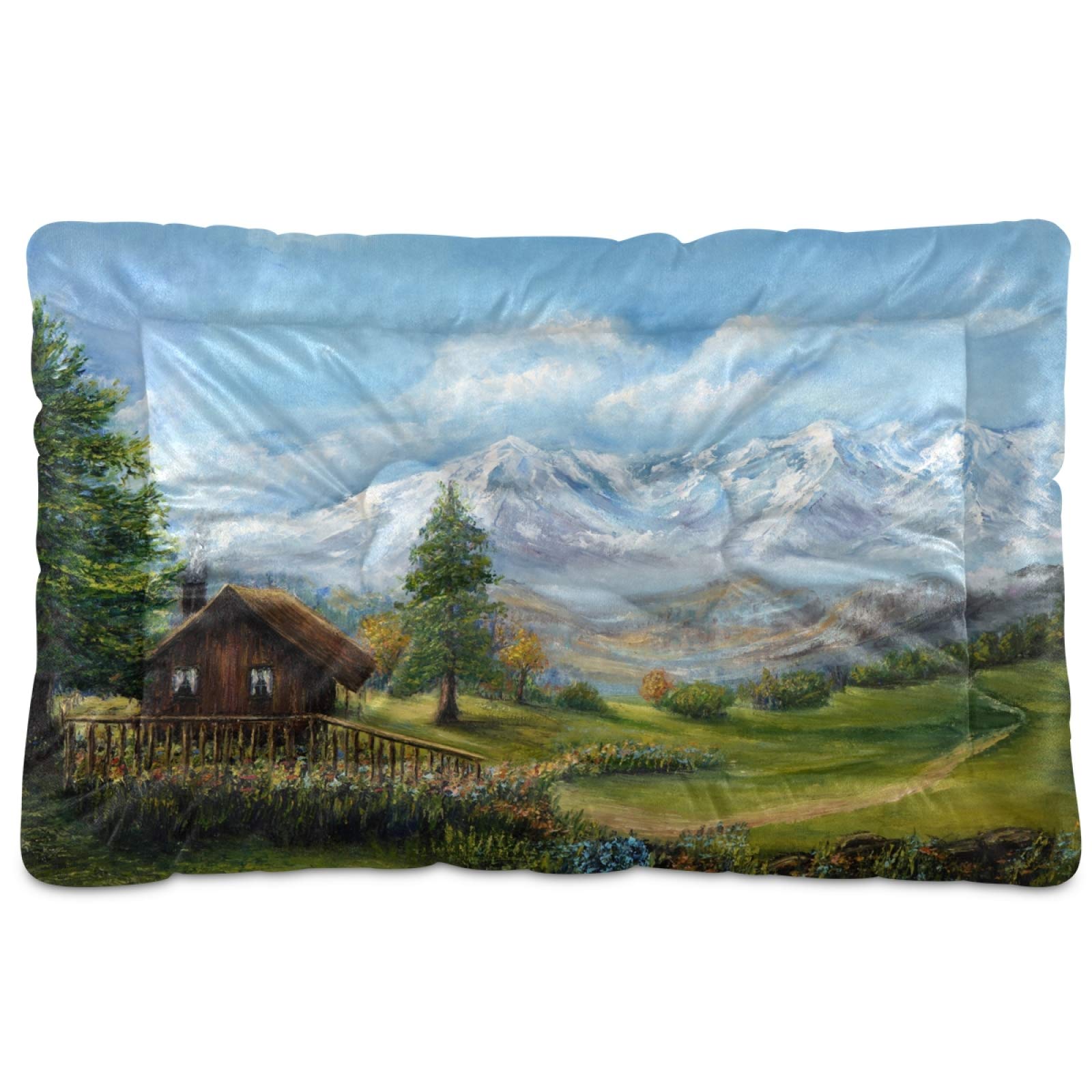 Blueangle Chalet Oil Painting Dog Bed & Cat Bed - Rectangle Ultra Soft Comfortable Pet Bed for Small, Medium & Large Dogs (18