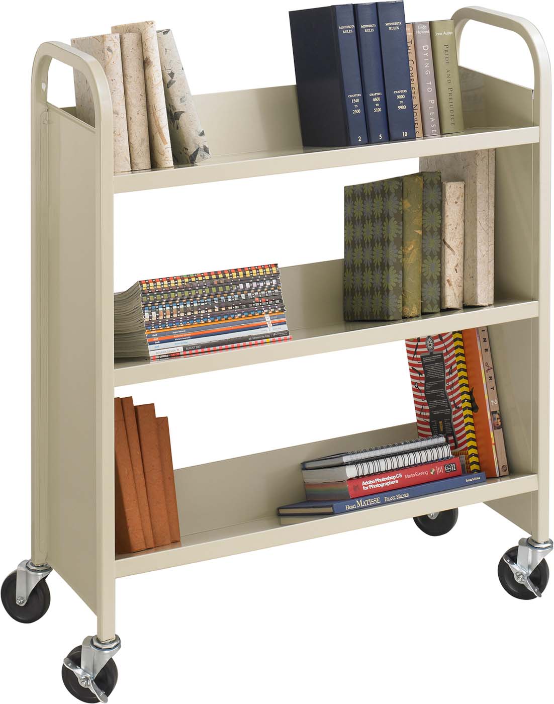 Steel Single-Sided Book Cart with 3 Shelves - Tan Color [5358SA] - Perfect for Libraries, Schools, and Office Storage