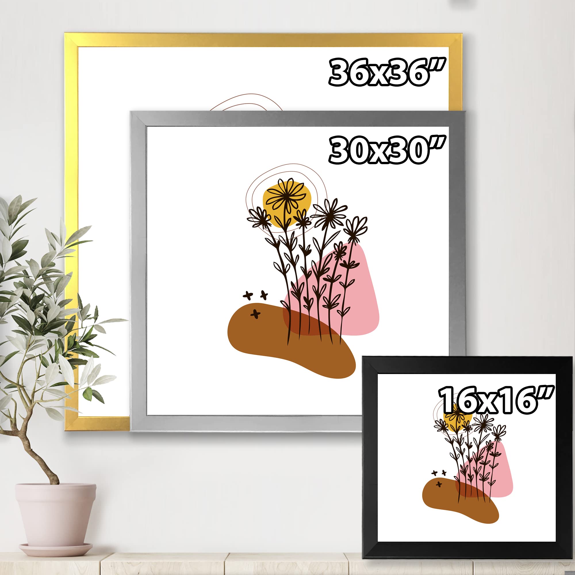 DesignQ Modern Abstract Floral Wall Art - Elementary Shapes & Botanical Prints Framed Canvas for Living Room, Bedroom & Office Decor