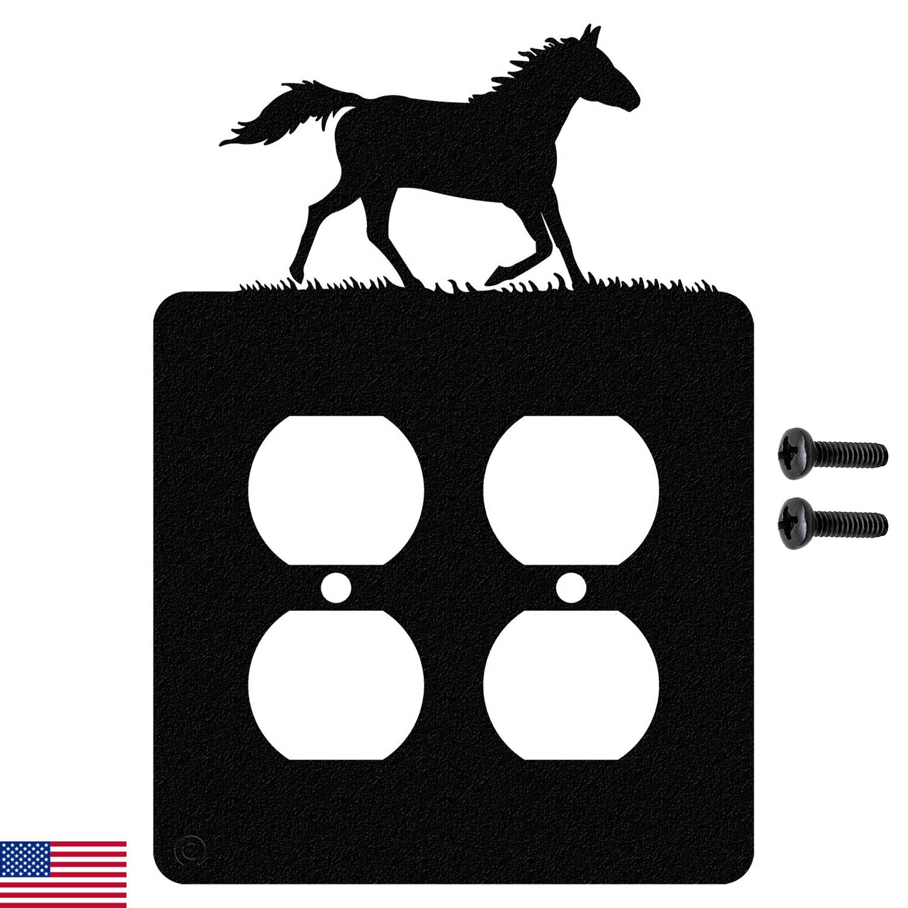 Running Horse Double Duplex Power Outlet Wall Plate - 2 Electrical Outlets, Black - Made in USA - Perfect for Home, Office & Workshop Electrical Upgrades