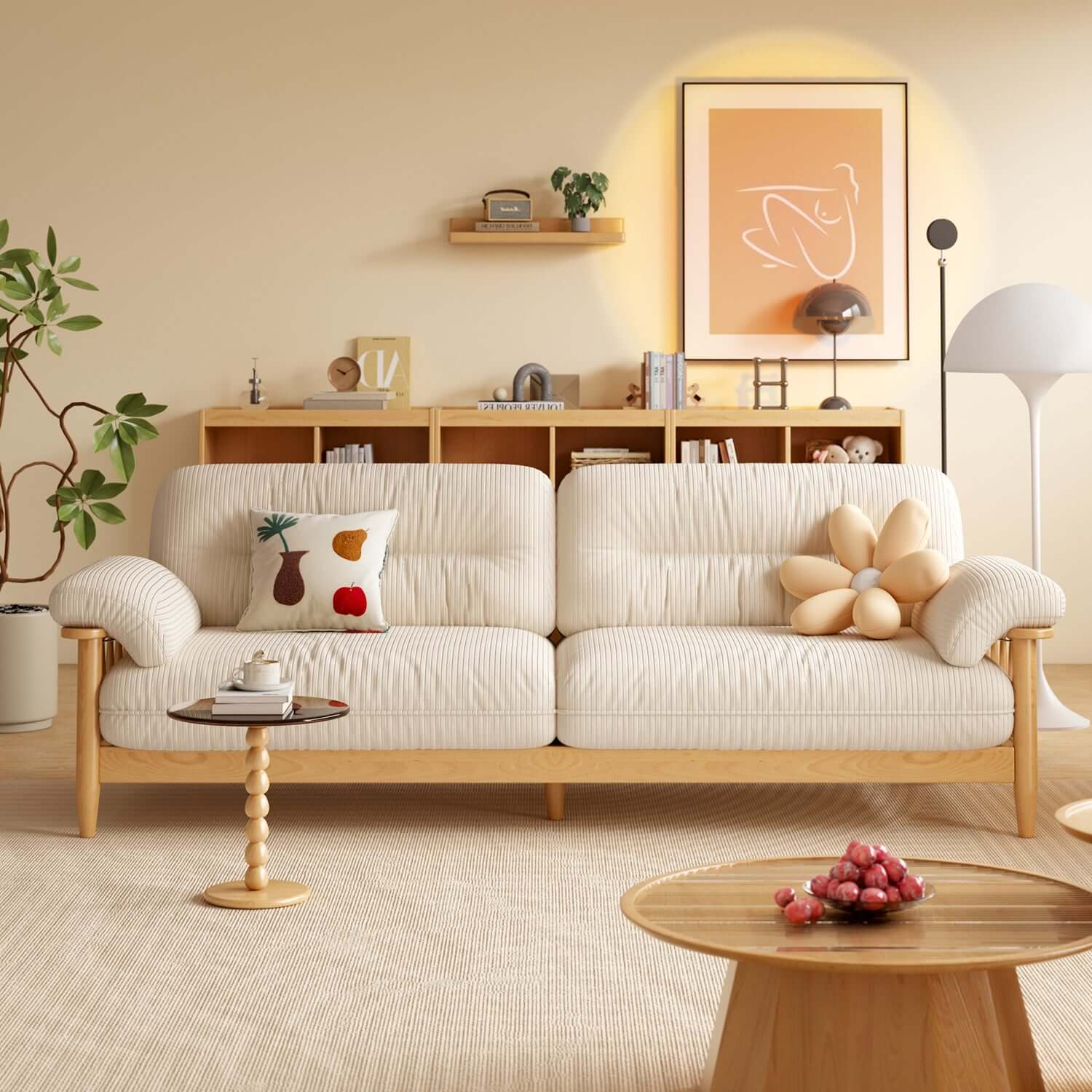 Japandi Style Solid Ash Wood Sofa - Cotton Linen, Corduroy & Cat Scratch Resistant Fabric Options | Modern Scandinavian Japanese Fusion Sofa for Living Room, Lounge & Office
