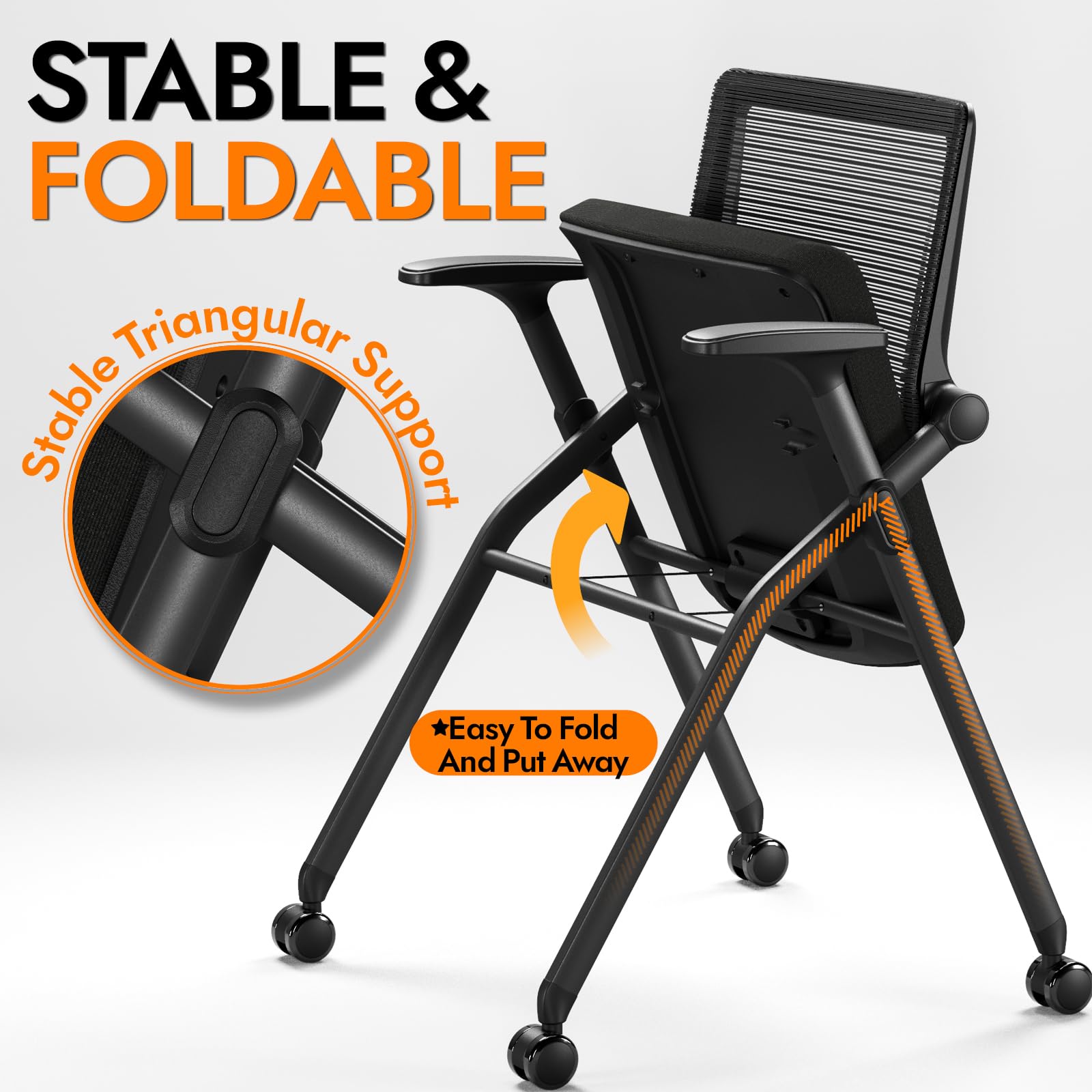FYLICA Ergonomic Mesh Office Chair - Foldable, Stackable with PU Wheels & Smooth Armrests - Comfortable Conference, Guest & Meeting Chair for Home & Office (Black) - Perfect for Small Spaces, Reception Areas & Shared Workspaces
