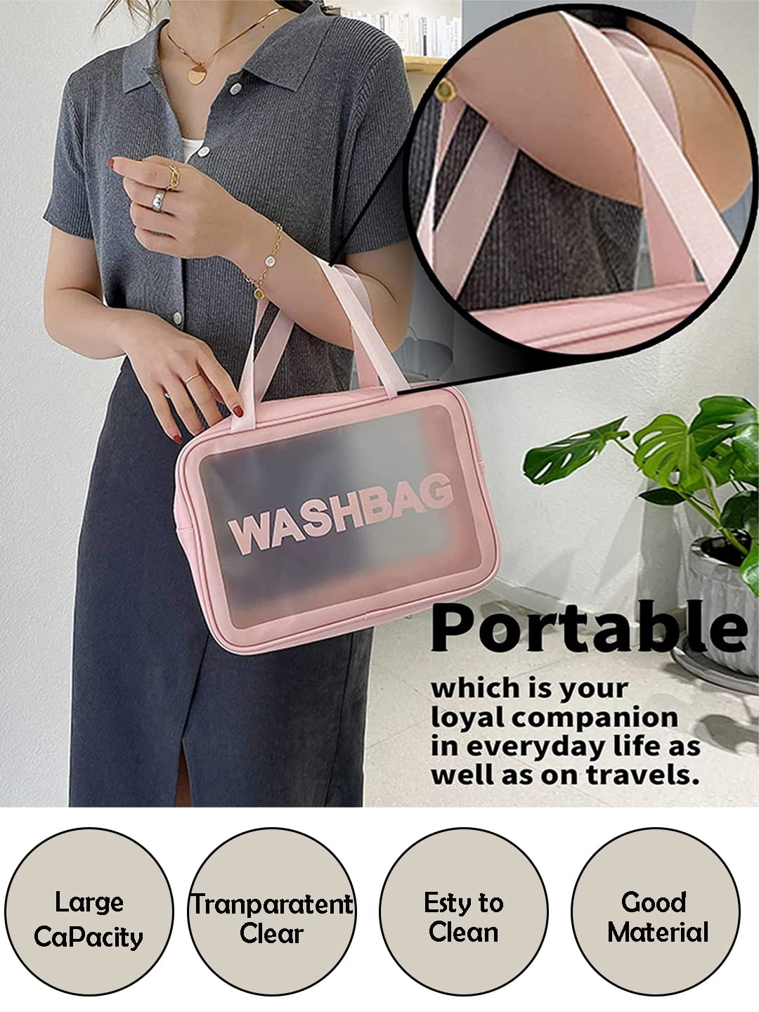 Amso Waterproof PVC Cosmetic Bag Set of 3 - Travel Makeup Organizer for Brushes, Toiletries & Accessories - Pink Zippered Portable Pouch for Home, Gym & Vacation Essentials