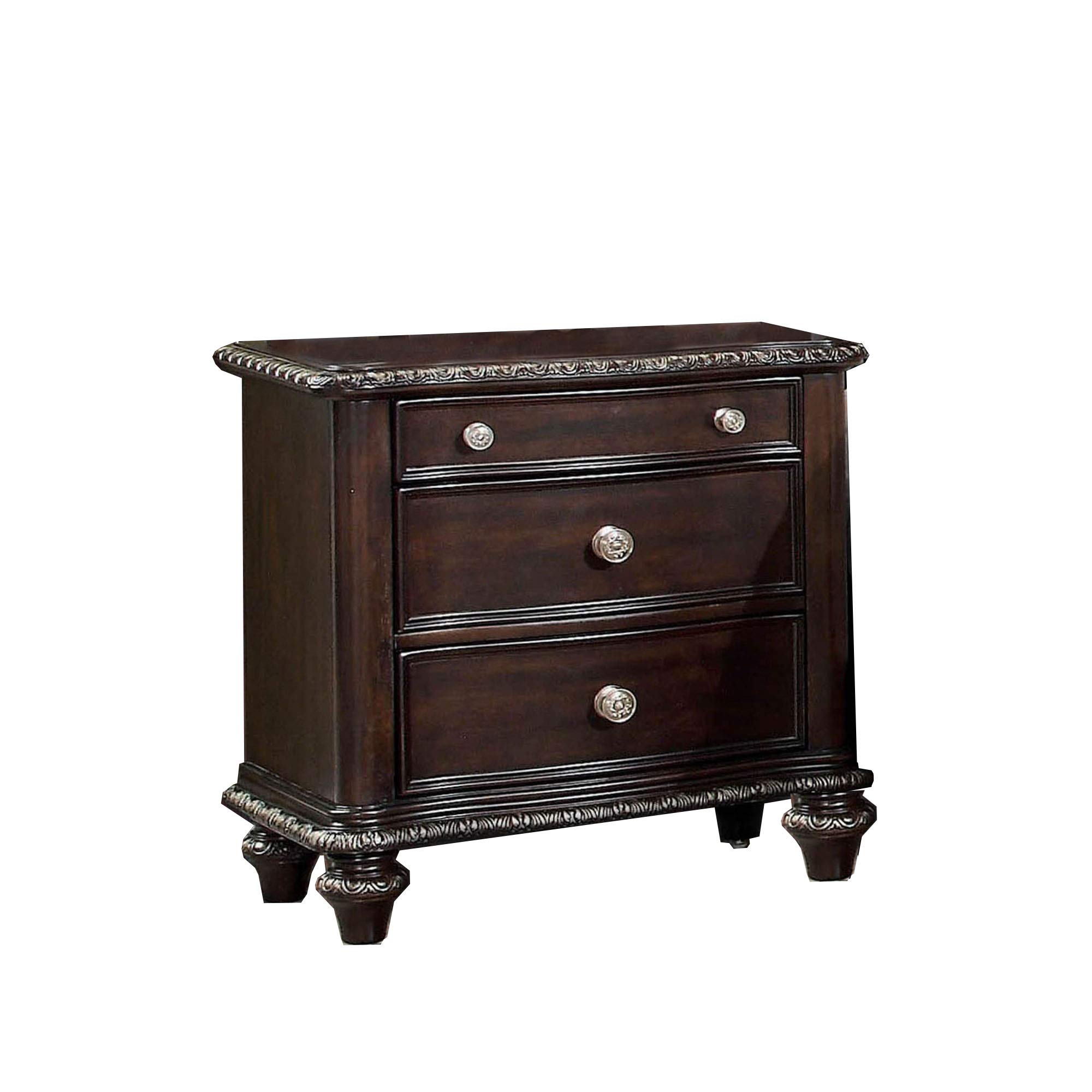 Benjara Brown Wooden Three-Drawer Nightstand with Engraved Edges & Turned Legs - Bedside Table for Bedroom, Living Room, or Guest Room Storage