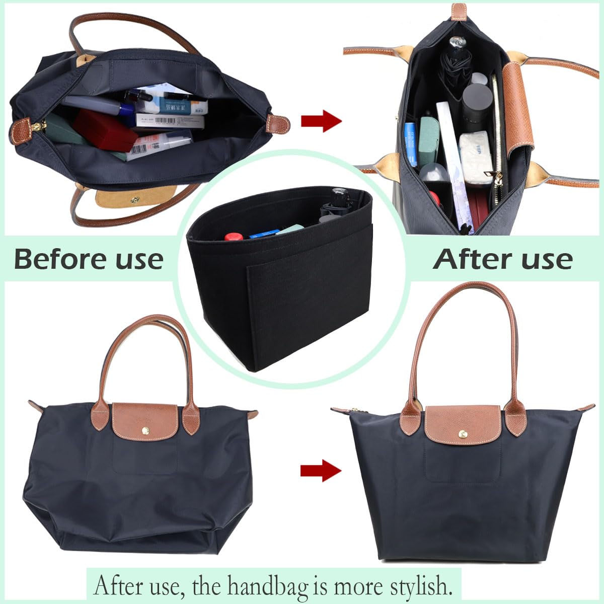Premium Purse Organizer Insert for Longchamp Le Pliage Tote Bag - 1028 Black - Perfect for Travel, Work & Daily Use
