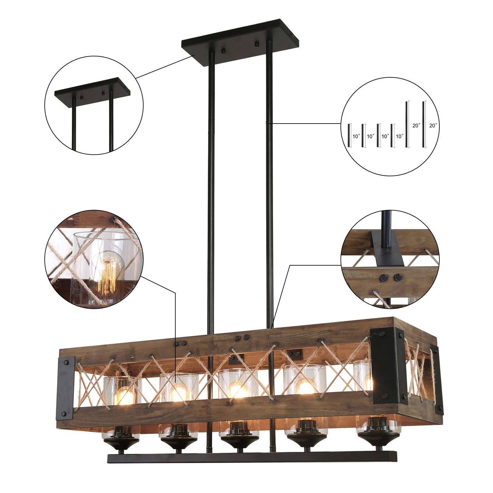Farmhouse Chandelier 5-Light Kitchen Island Pendant Lighting - 32 Inch Rustic Wood & Black Finish with Clear Glass Shades - Perfect for Dining Room, Kitchen Island, and Farmhouse Decor